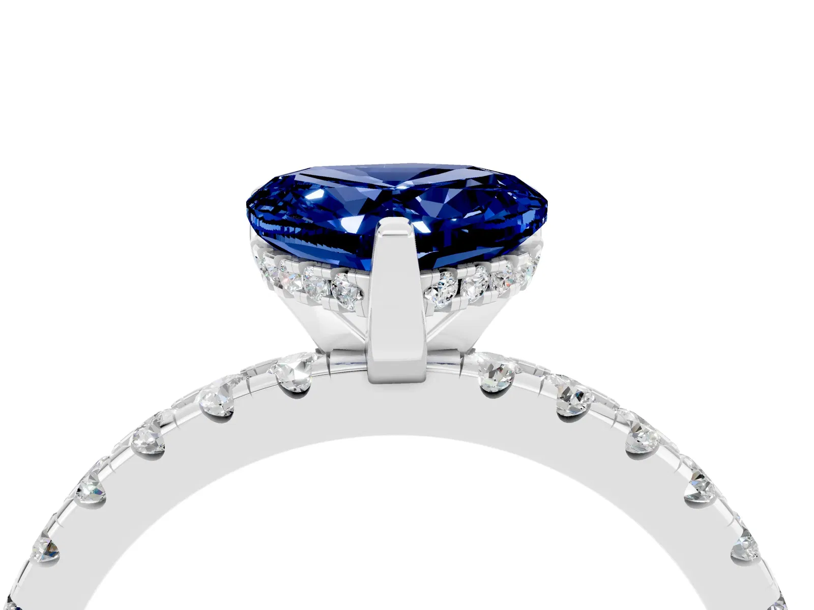 Heart Cut Blue Sapphire Solitaire Ring with Round Pavé Band and Four-Prong Setting Platinum