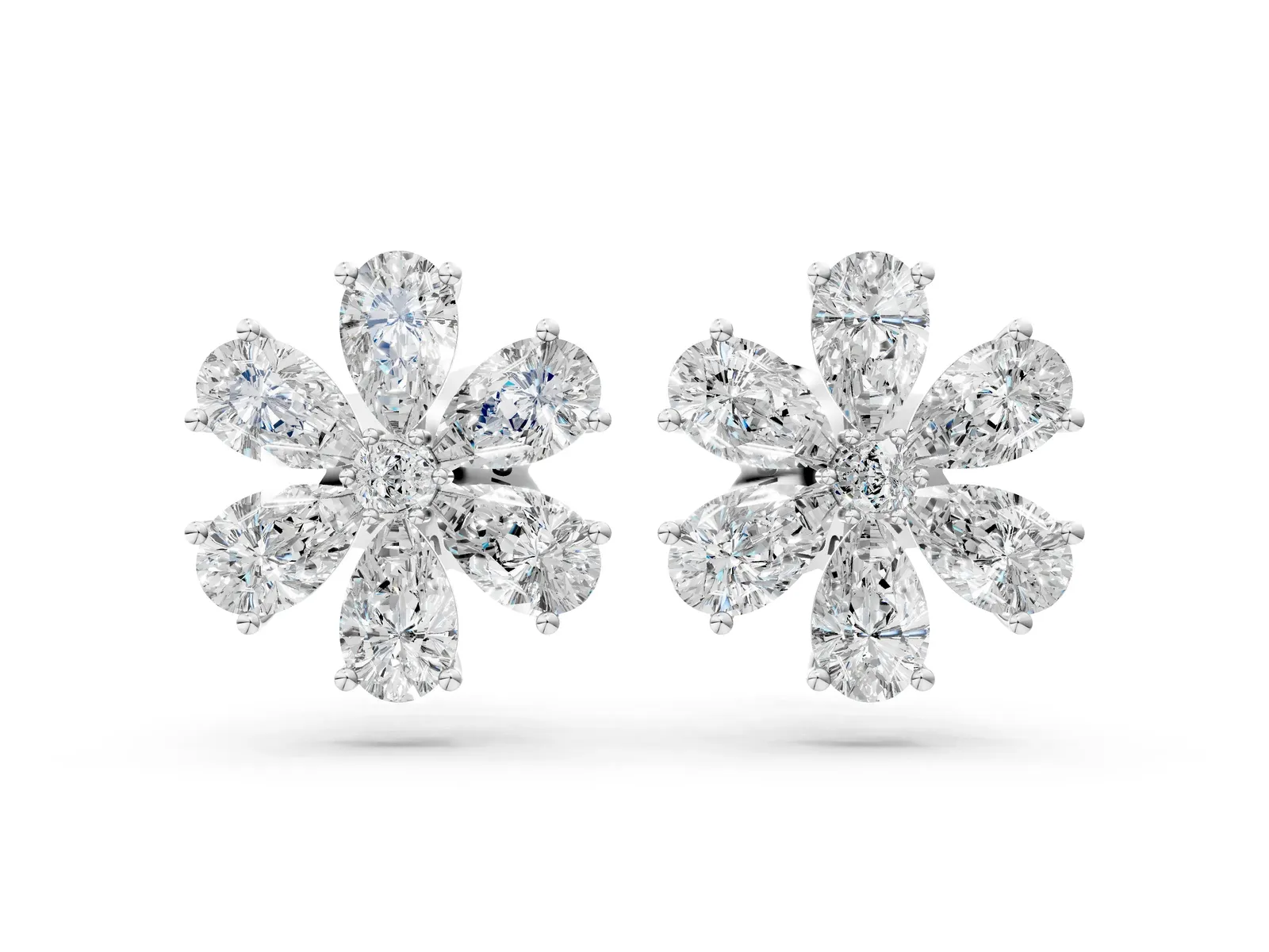 Pear Cut Diamond Floral Cluster Stud Earrings Silver