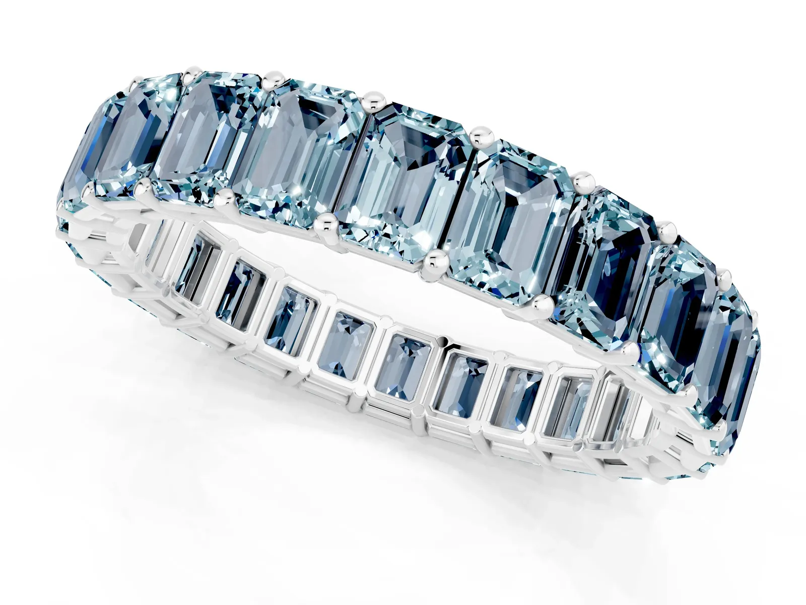 Emerald Cut Aquamarine Eternity Band with Shared Prong Setting Platinum