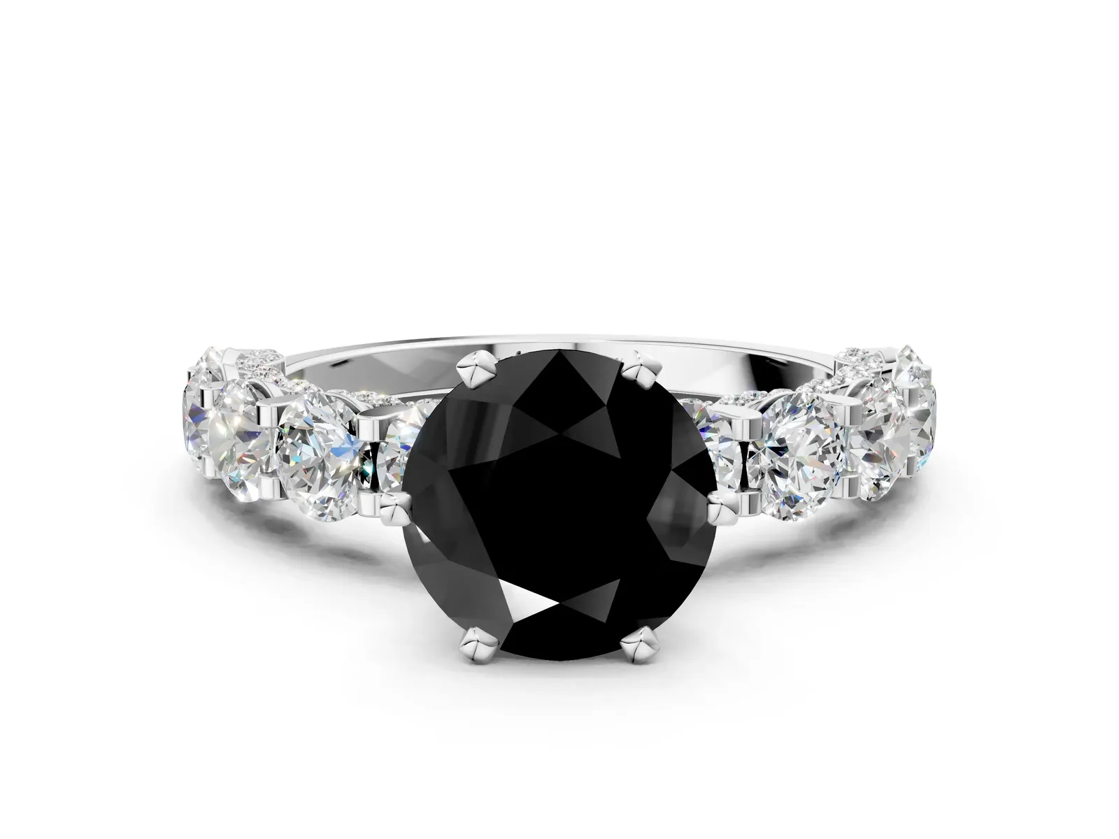 Fancy Black Round Cut Diamond Side Stone Engagement Ring with Four-Prong Setting Silver