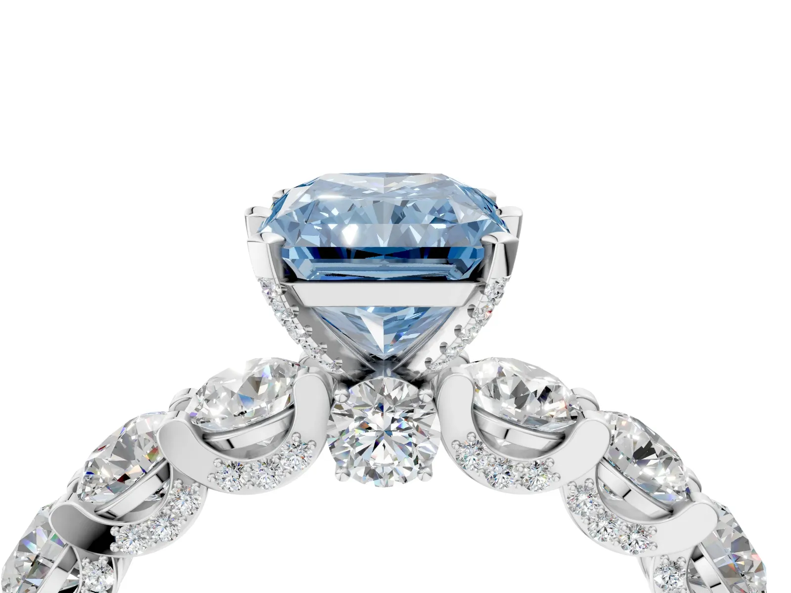 Fancy Blue Radiant Cut Diamond Side Stone Engagement Ring with Four-Prong Setting Platinum