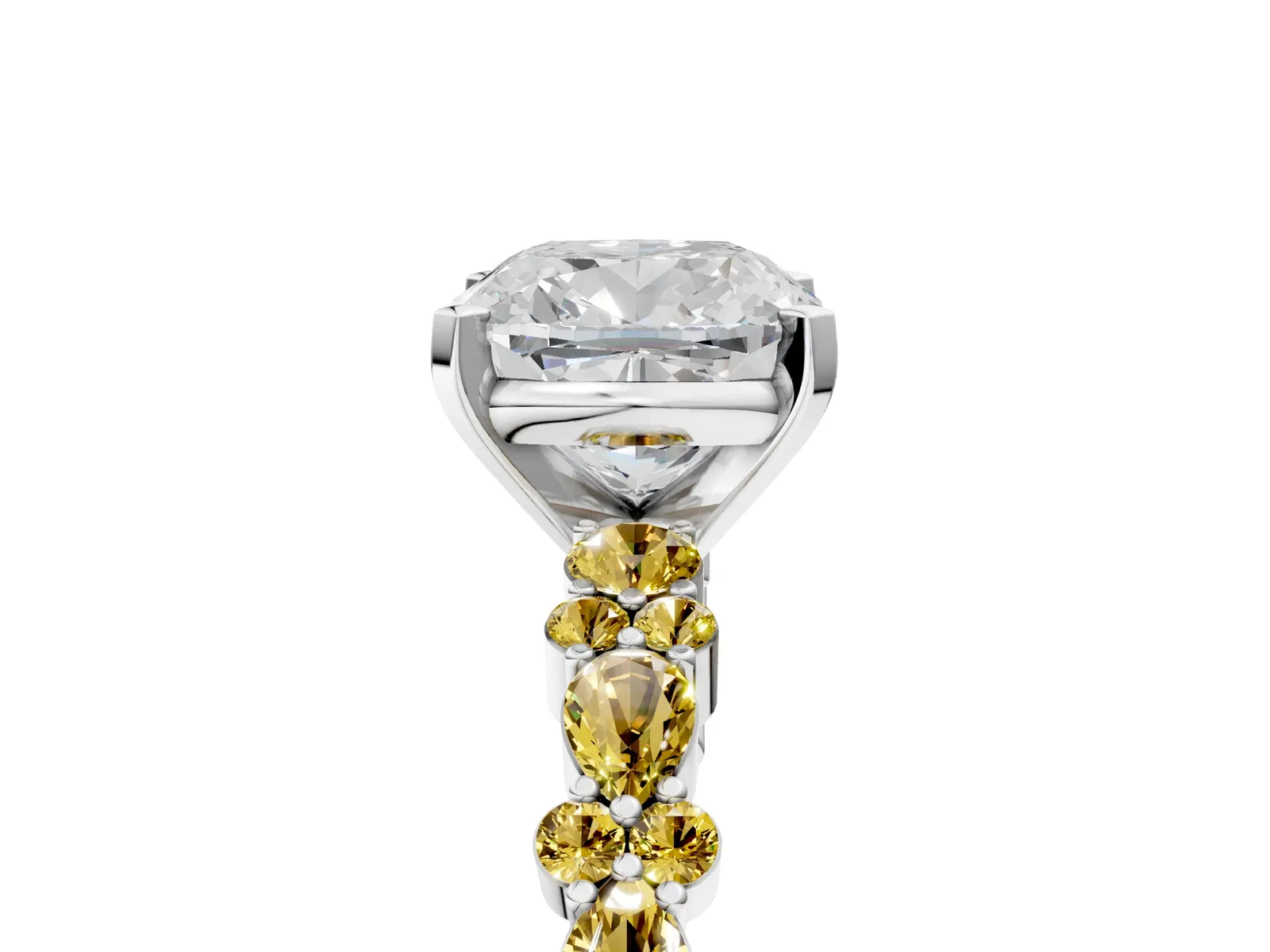 Cushion Cut Diamond Side Stone Solitaire Ring with Round Yellow Sapphire and Four-Prong Setting Platinum