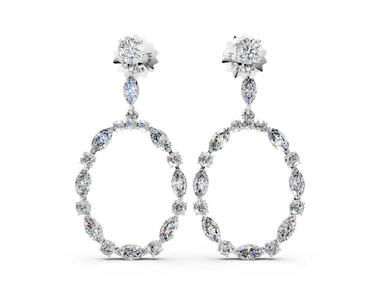Round and Marquise Diamond Open Oval Drop Earrings White gold