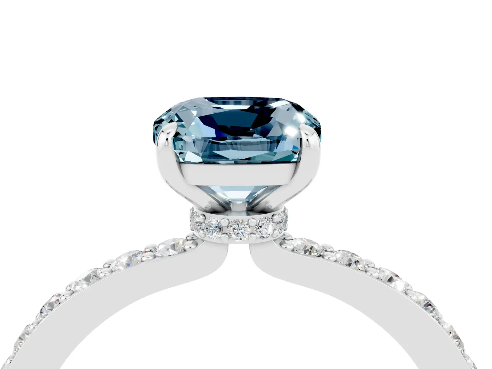 Cushion Cut Aquamarine Solitaire Engagement Ring with Pavé Band and Four-Prong Setting Platinum