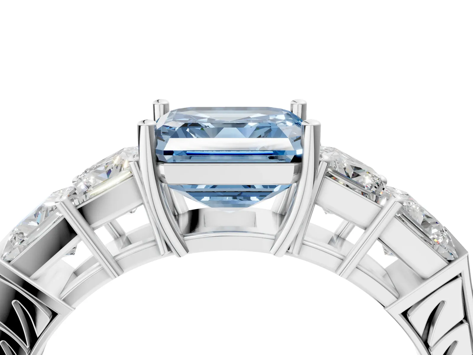 Fancy Blue Asscher Cut Solitaire Princess Side Stone Engraved Band Prong Setting Ring Platinum