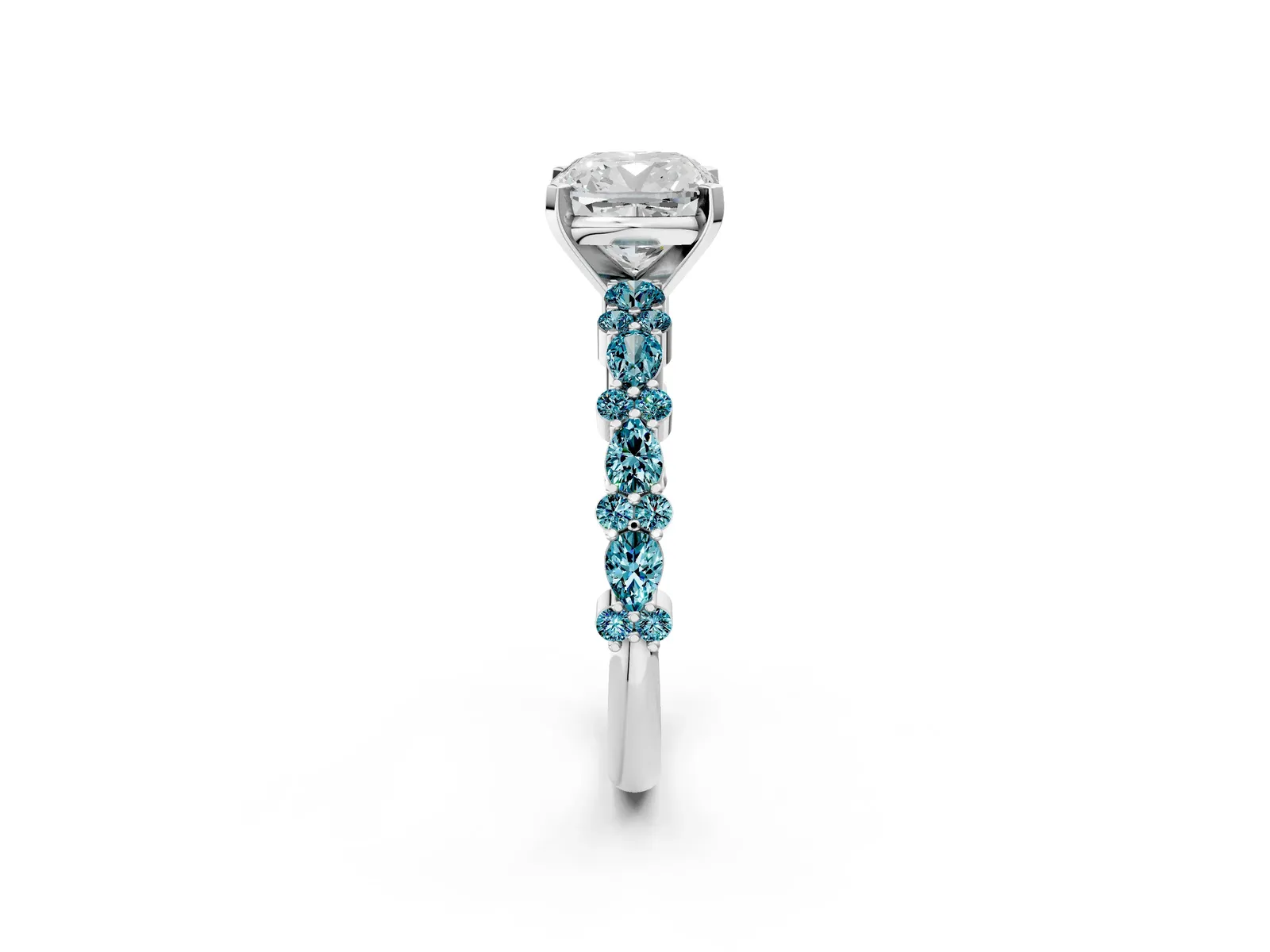 Cushion Cut Diamond Side Stone Solitaire Ring with Round Blue Topaz and Four-Prong Setting Platinum