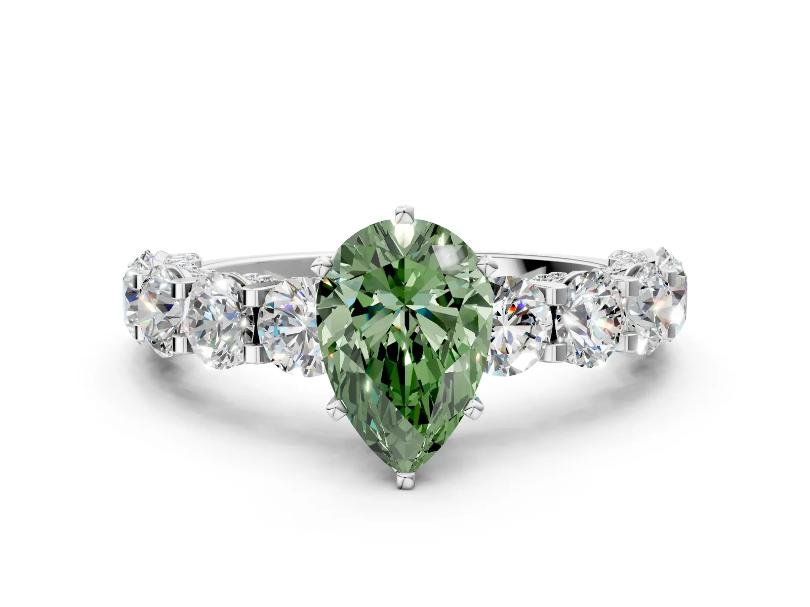 Fancy Green Pear Cut Diamond Side Stone Engagement Ring with Four-Prong Setting White gold