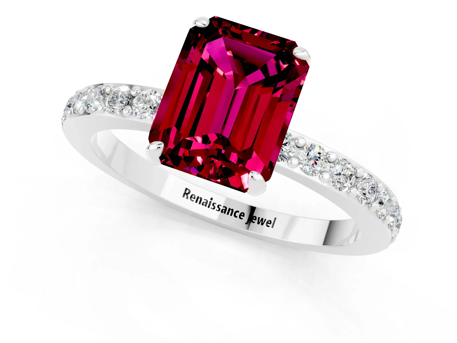 Emerald Cut Garnet Solitaire Engagement Ring with Pavé Band and Four-Prong Setting Platinum