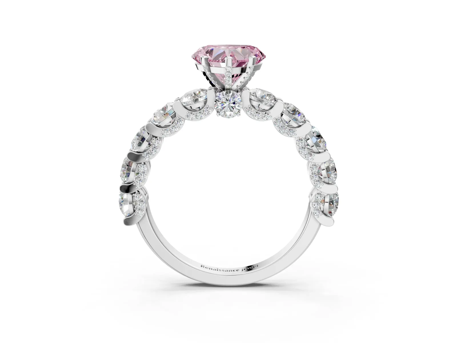Fancy Pink Heart Cut Diamond Side Stone Engagement Ring with Four-Prong Setting Platinum
