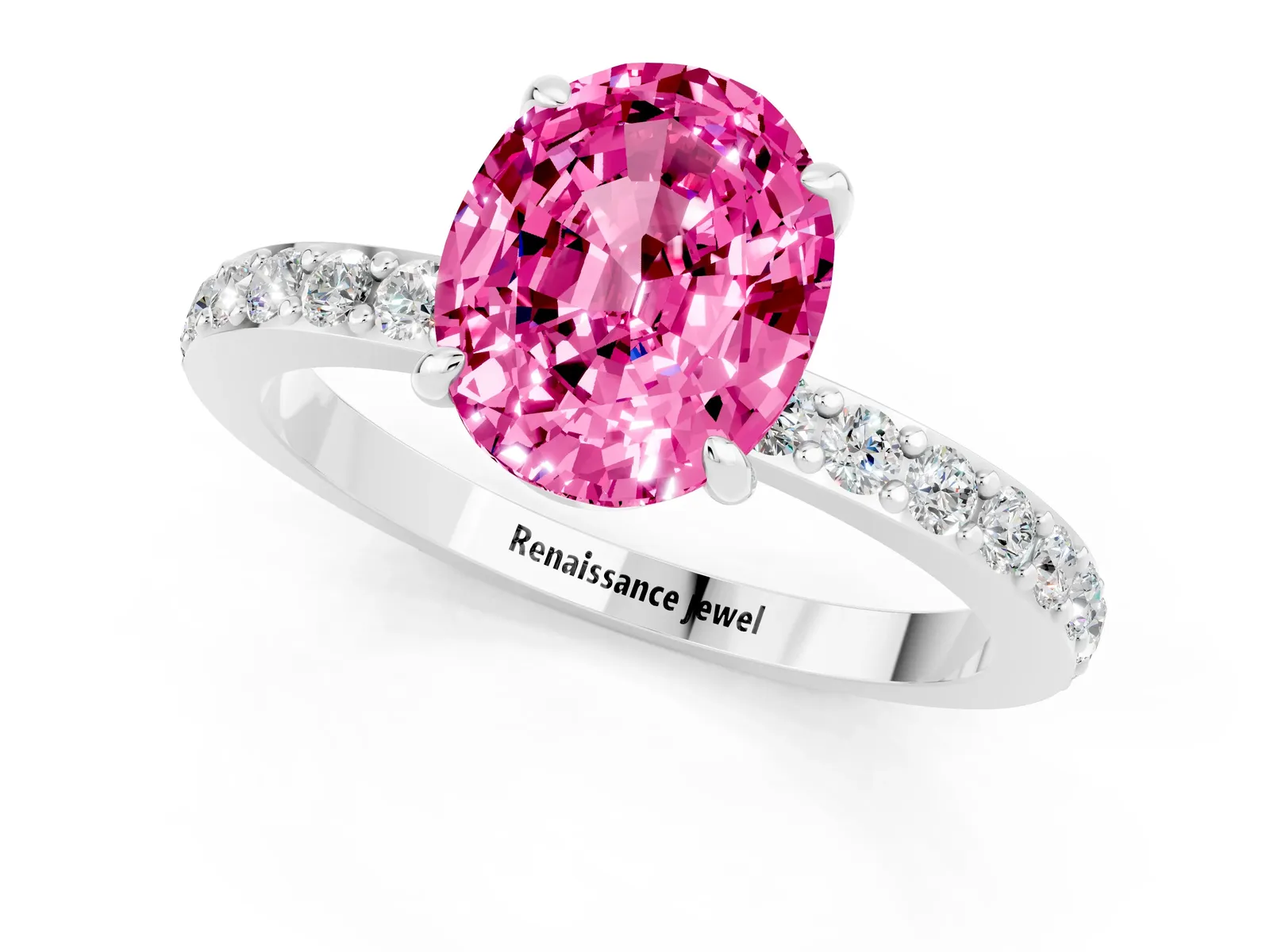 Oval Cut Pink Sapphire Solitaire Engagement Ring with Pavé Band and Four-Prong Setting Platinum
