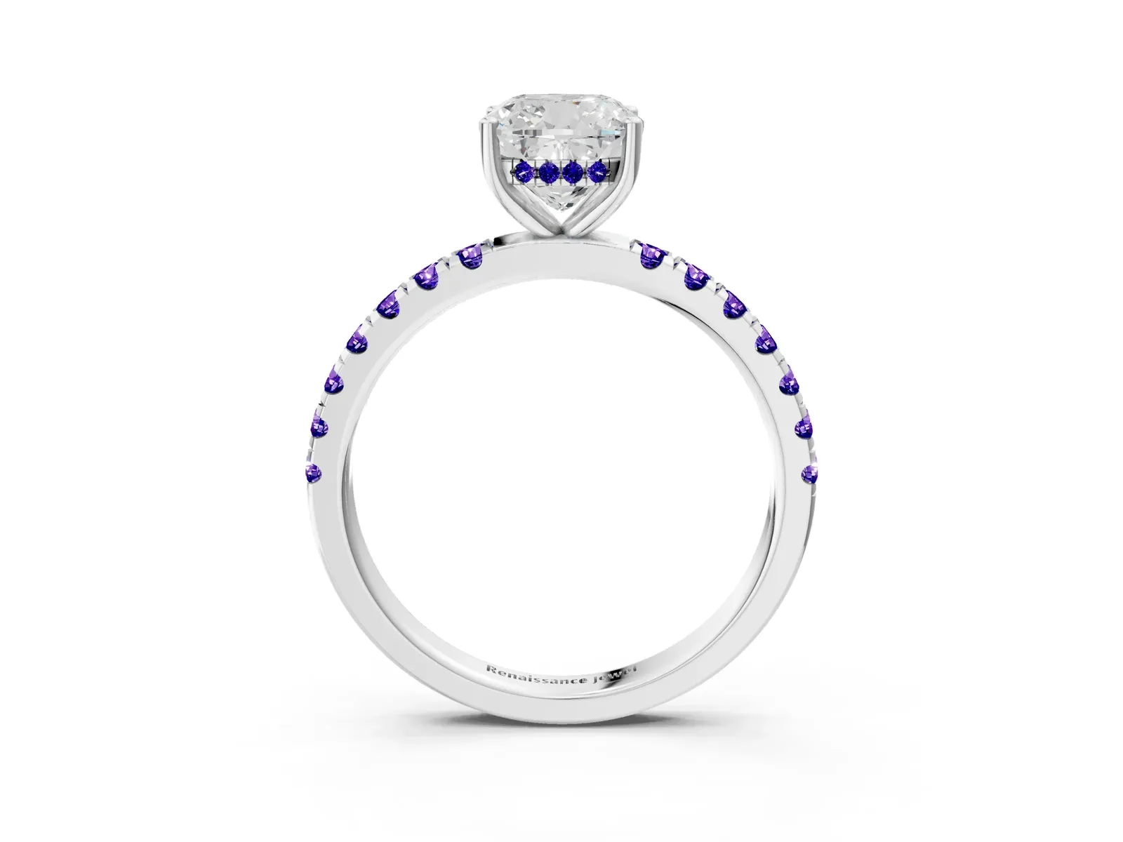 Cushion Cut Diamond Pave Band Solitaire Ring with Round Tanzanite and Prong Setting Platinum