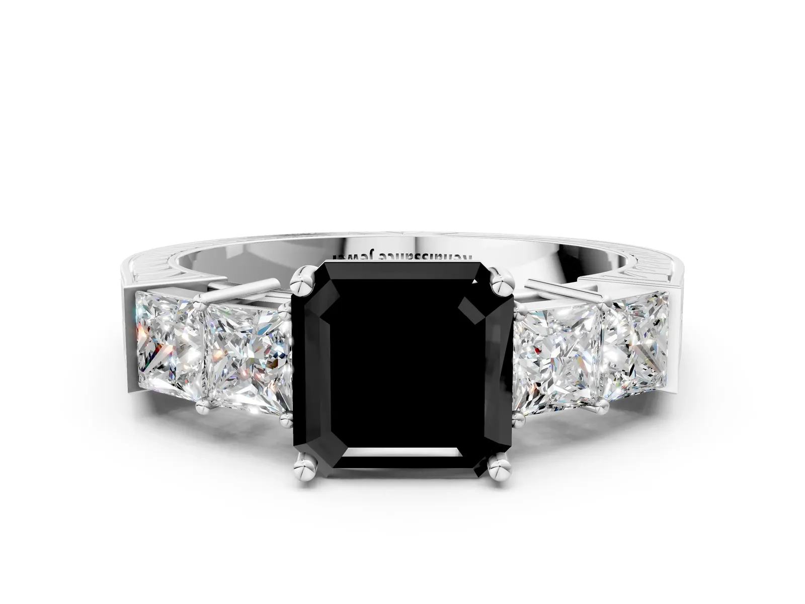 Fancy Black Asscher Cut Solitaire Princess Side Stone Engraved Band Prong Setting Ring Platinum