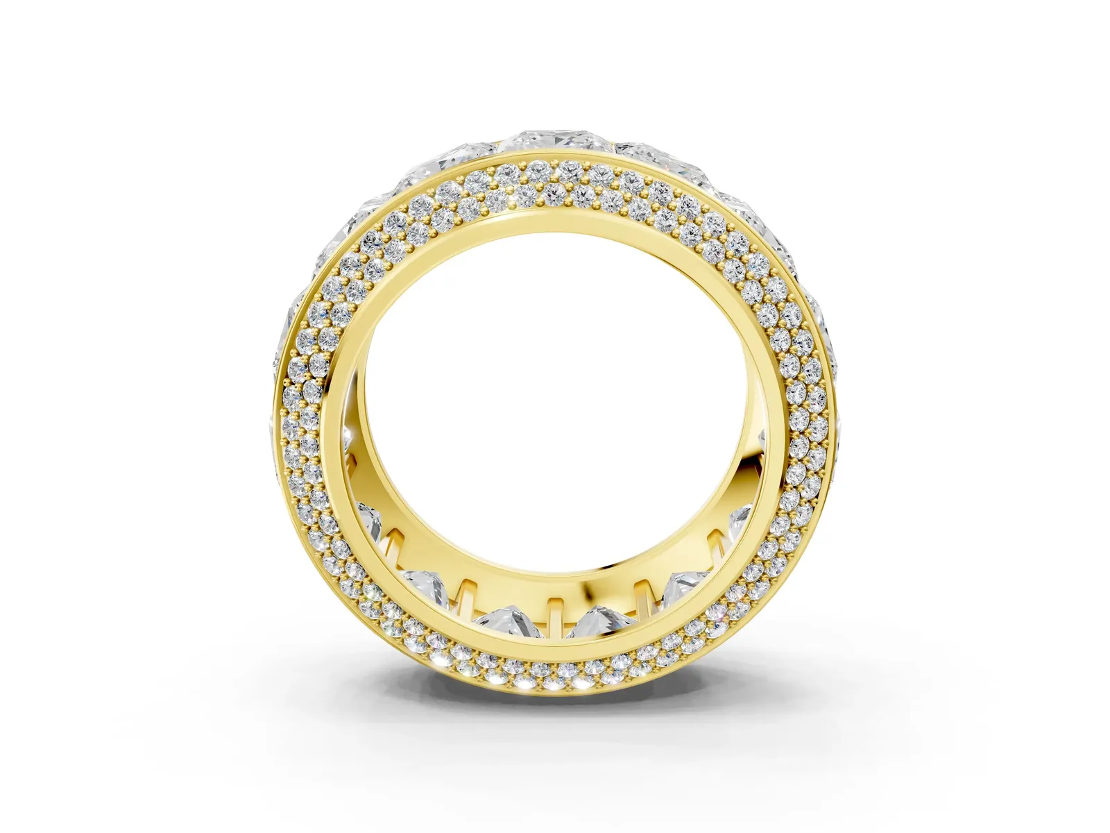 Princess Diamond Pavé Mens Wedding Band with Round Diamond Accents Yellow gold