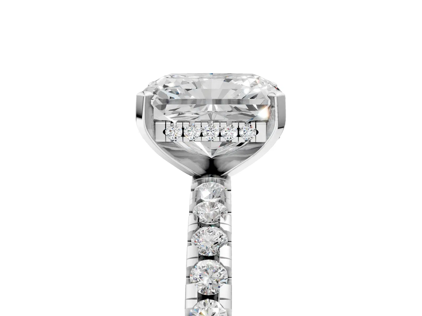 Radiant Cut Diamond Solitaire Ring with Round Pavé Band and Four-Prong Setting Platinum