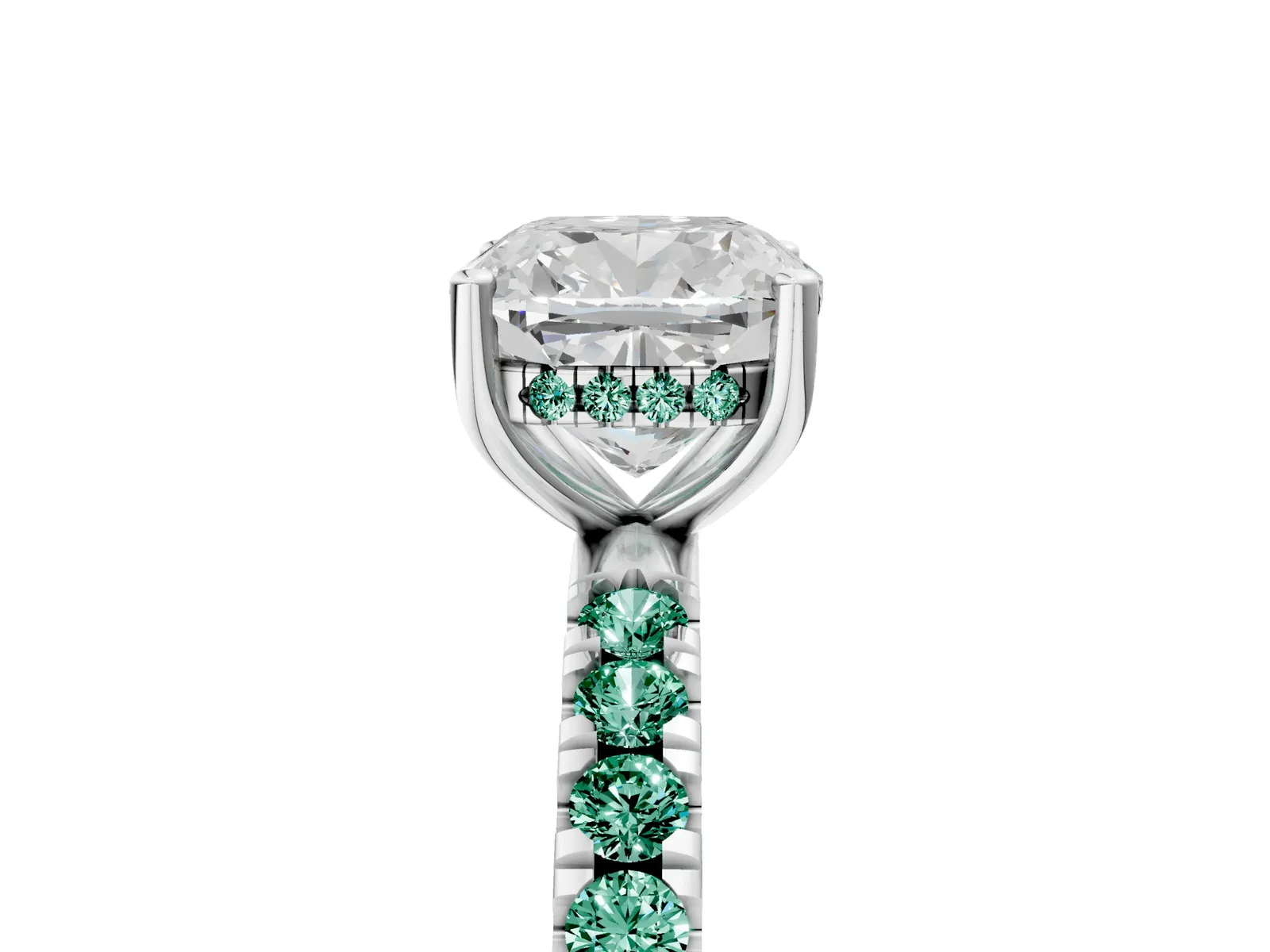 Cushion Cut Diamond Pave Band Solitaire Ring with Round Green Sapphire and Prong Setting Platinum