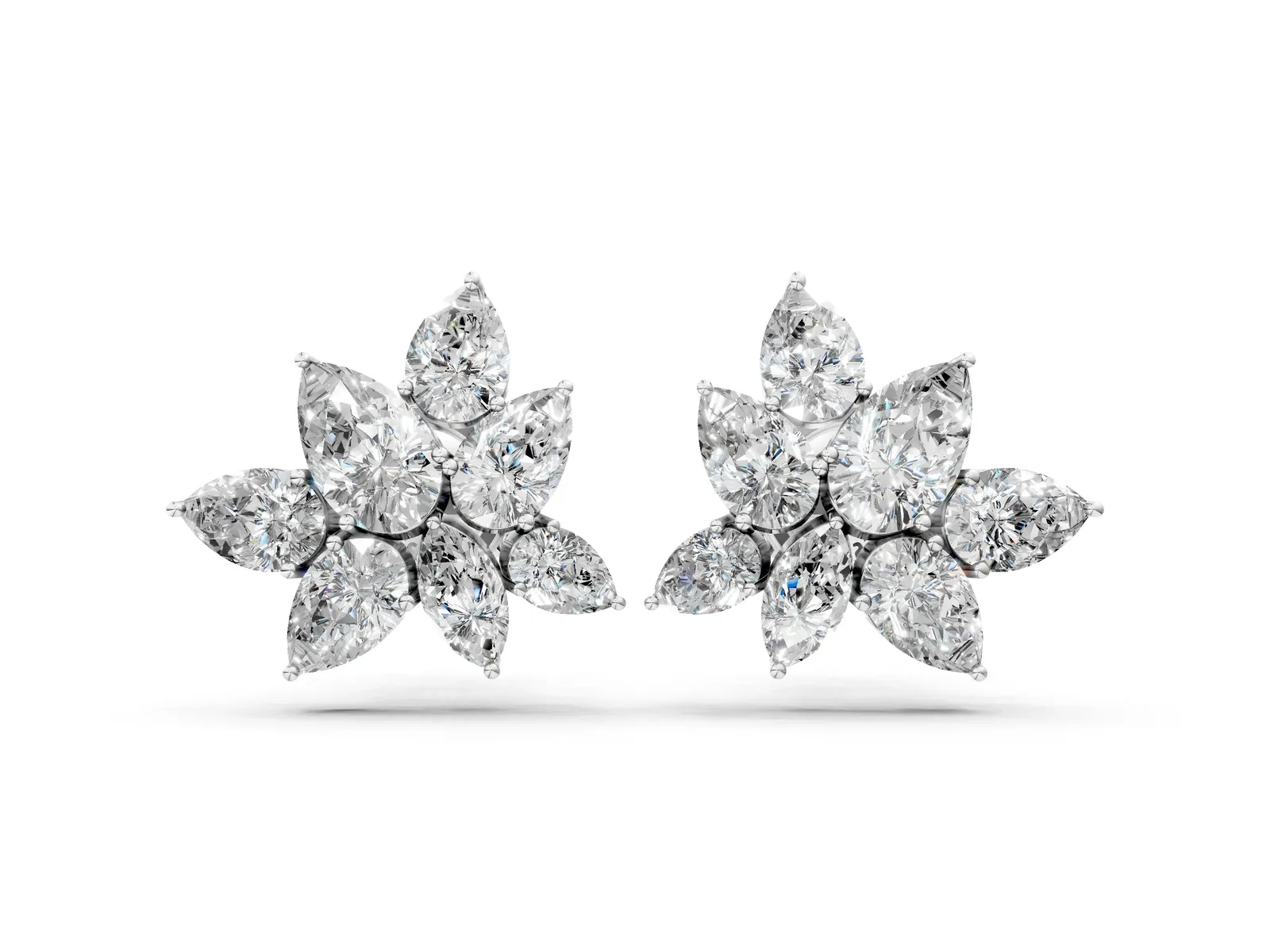 Pear and Marquise Diamond Floral Cluster Stud Earrings Silver