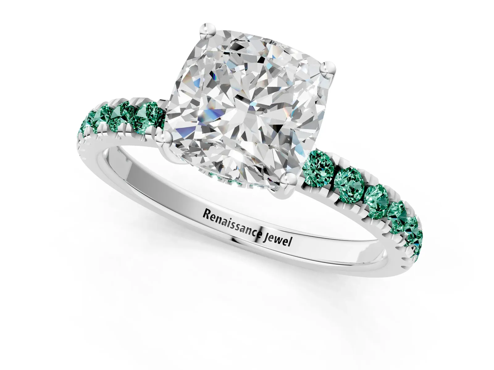 Cushion Cut Diamond Pave Band Solitaire Ring with Round Green Sapphire and Prong Setting Platinum