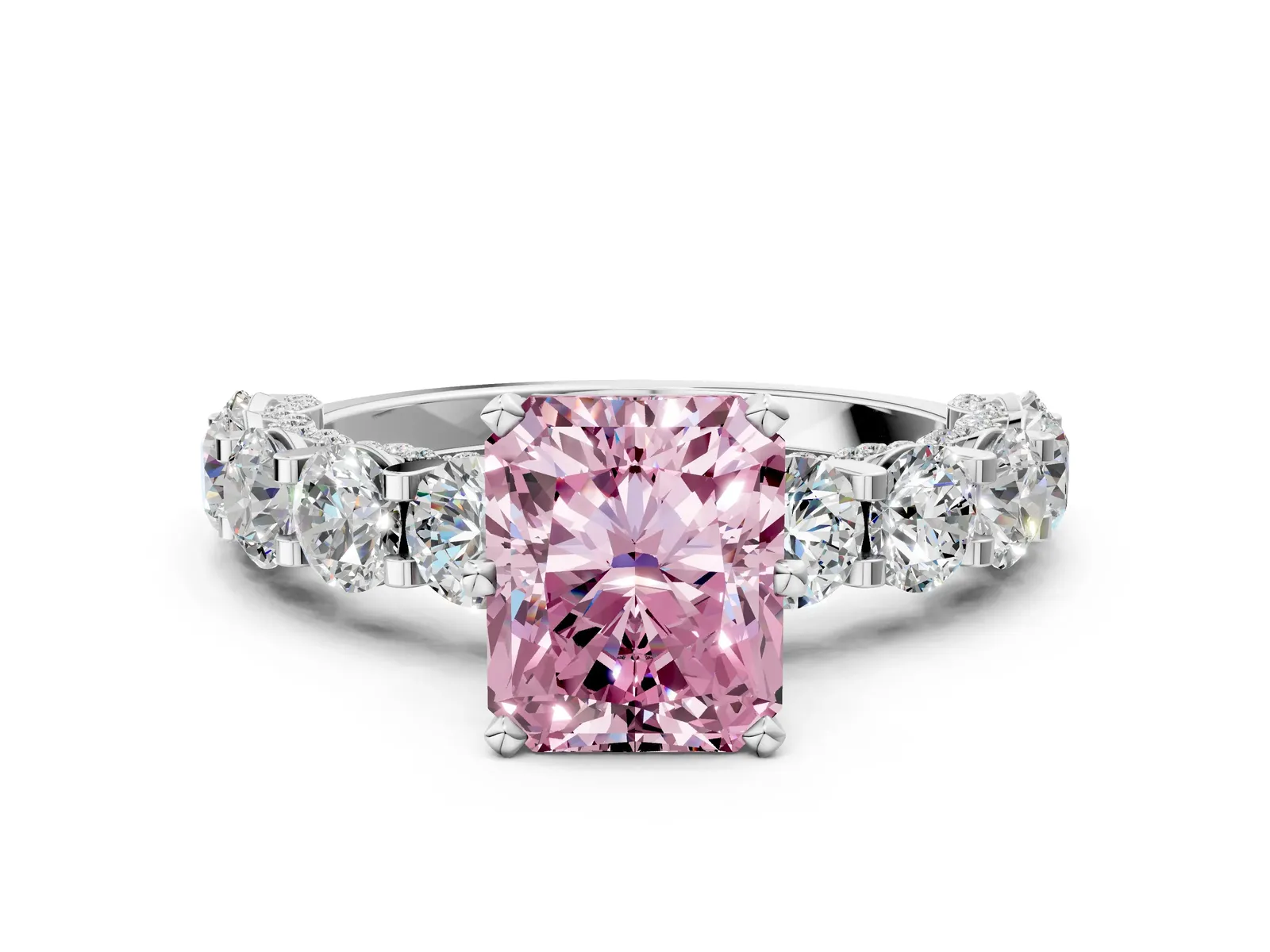 Fancy Pink Radiant Cut Diamond Side Stone Engagement Ring with Four-Prong Setting White gold