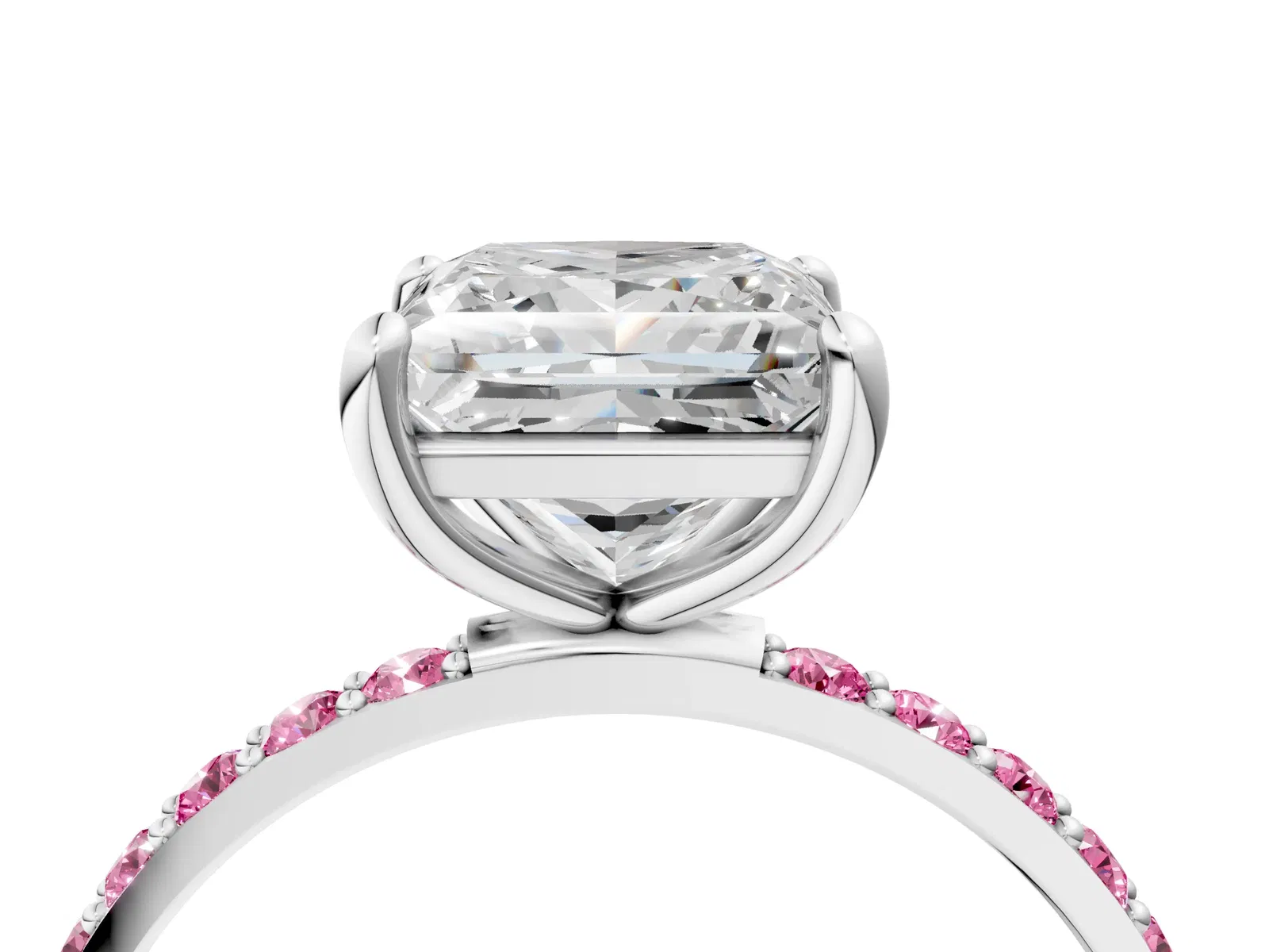 Princess Cut Diamond Solitaire Ring with Round Pink Sapphire Pavé Band and Prong Setting Platinum