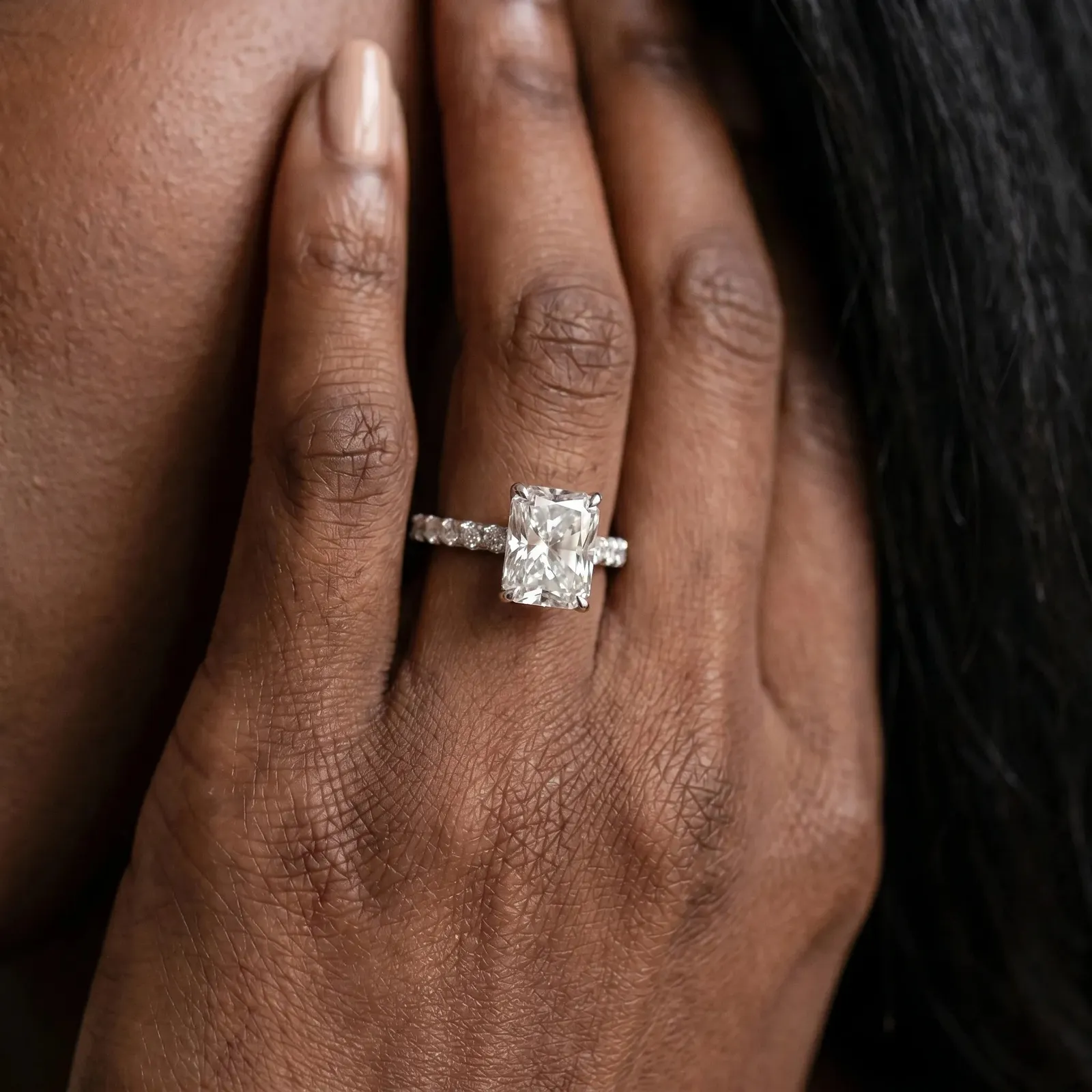 Radiant Cut Diamond Pave Band Solitaire Ring with Round and Prong Setting Platinum