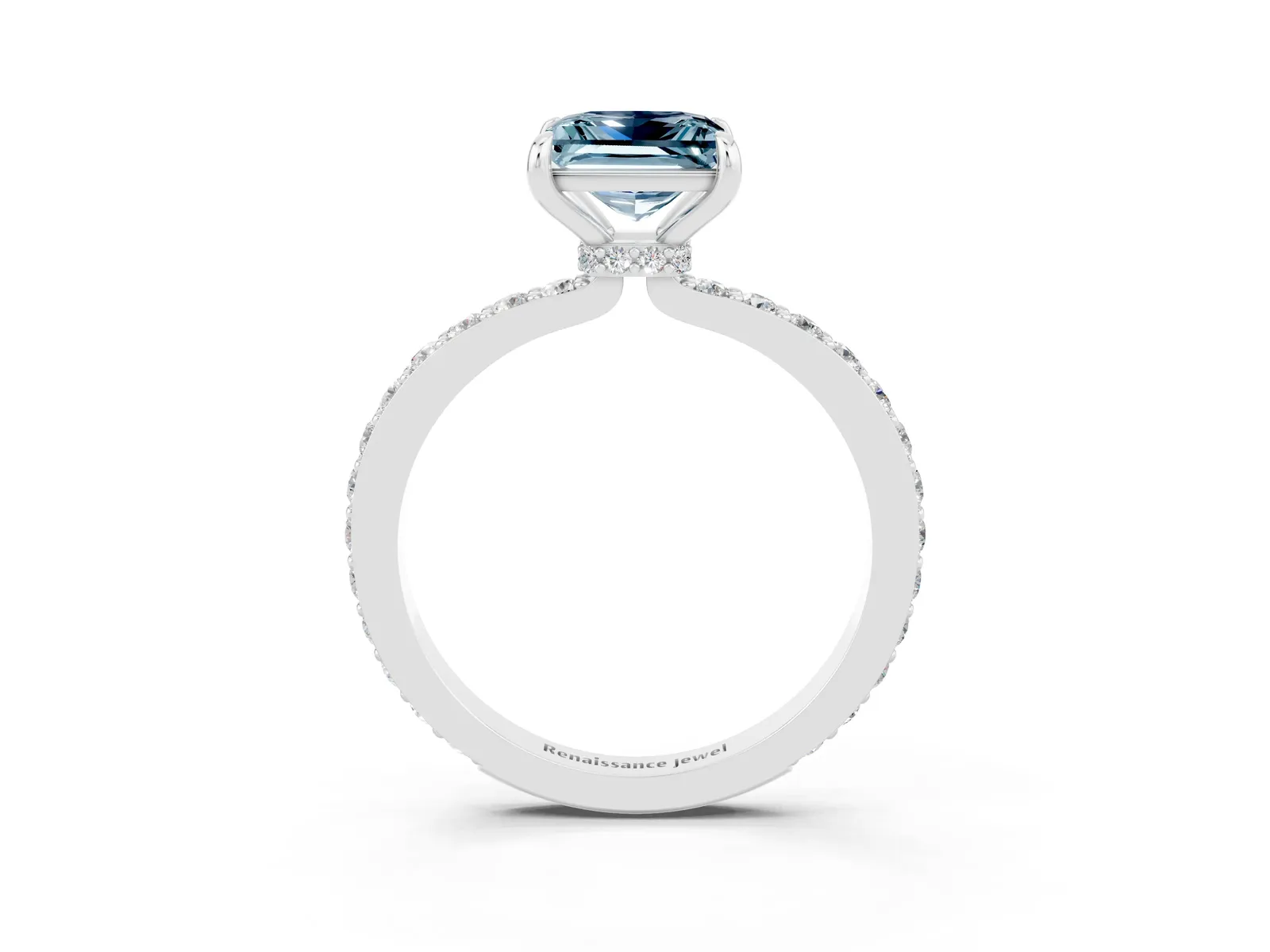 Princess Cut Aquamarine Solitaire Engagement Ring with Pavé Band and Four-Prong Setting Platinum