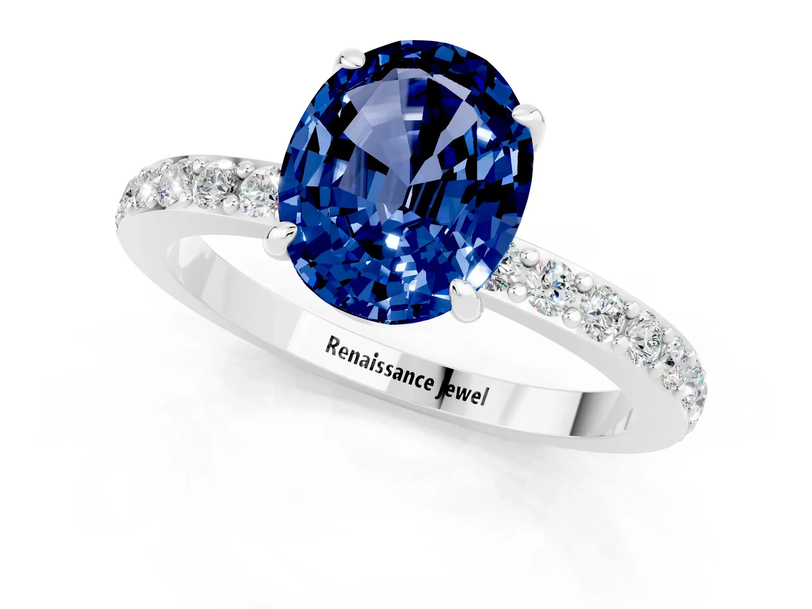 Oval Cut Blue Sapphire Solitaire Engagement Ring with Pavé Band and Four-Prong Setting Platinum
