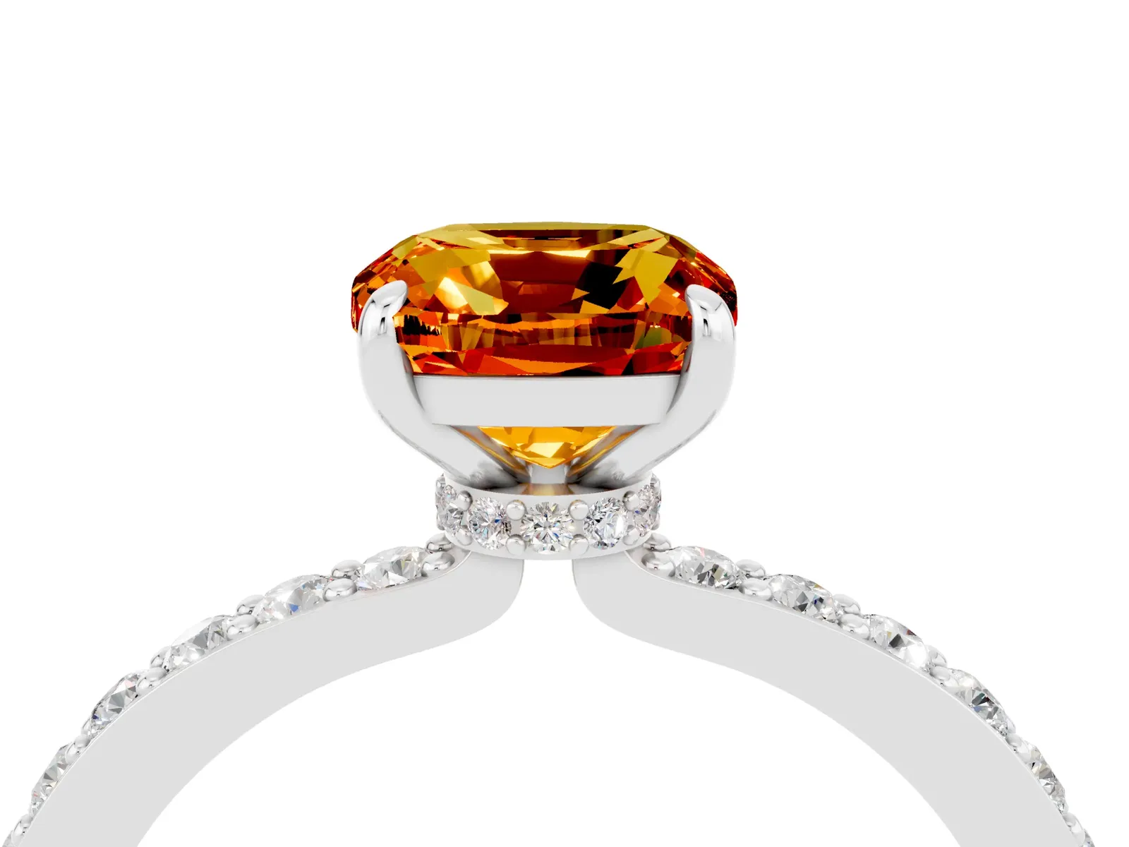 Cushion Cut Citrine Solitaire Engagement Ring with Pavé Band and Four-Prong Setting Platinum