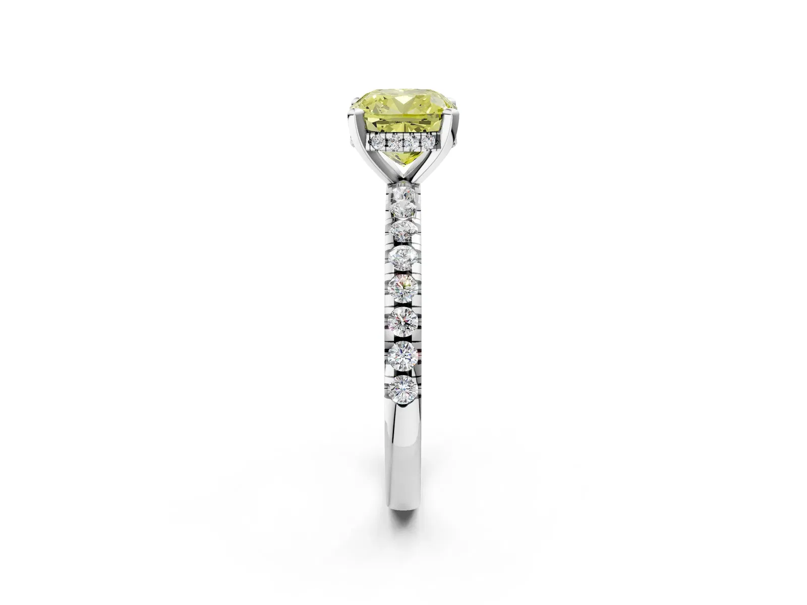 Fancy Yellow Cushion Cut Diamond Solitaire Ring with Round Pavé Band and Four-Prong Setting Platinum