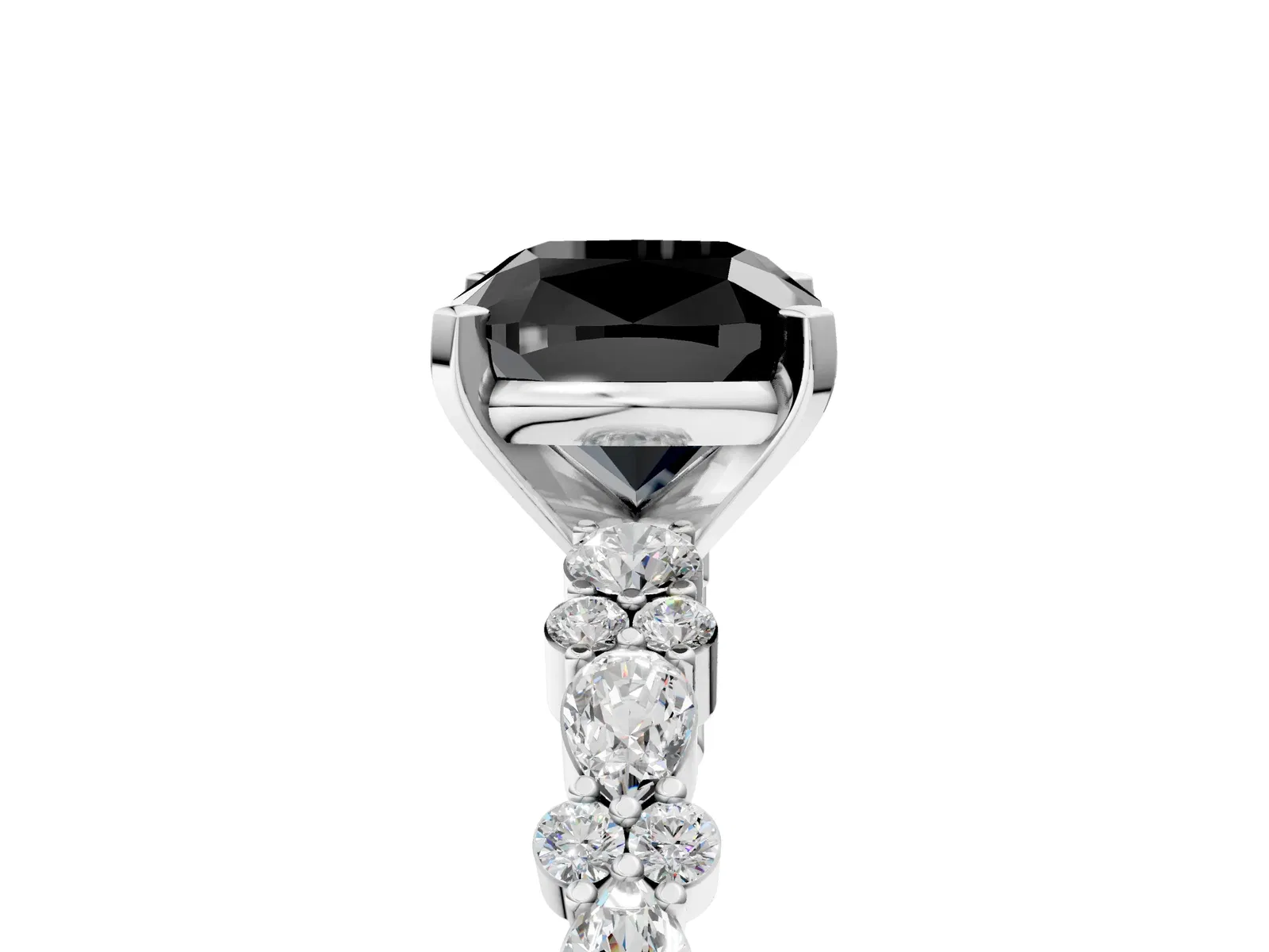 Fancy Black Cushion Cut Diamond Side Stone Solitaire Ring with Round and Four-Prong Setting Platinum