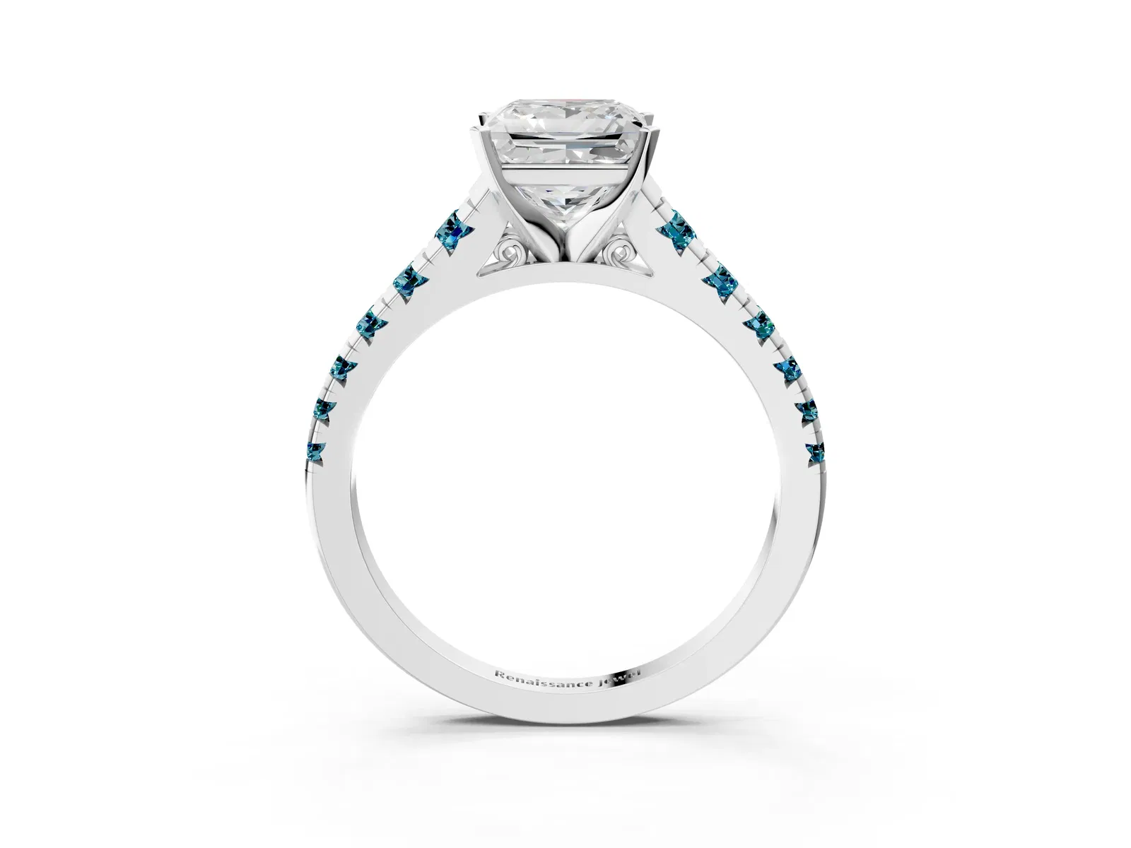 Princess Cut Diamond Cathedral Solitaire Ring with Round Blue Topaz Pavé Band Platinum