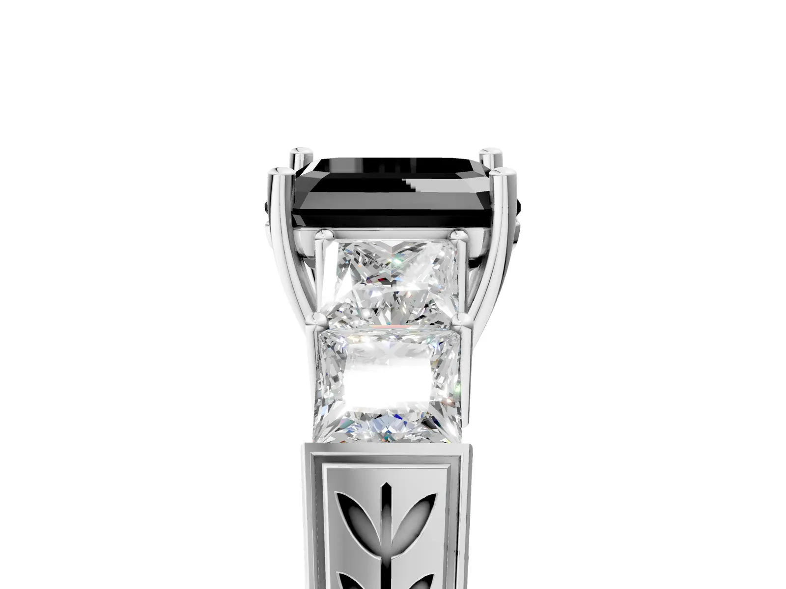 Fancy Black Asscher Cut Solitaire Princess Side Stone Engraved Band Prong Setting Ring Platinum
