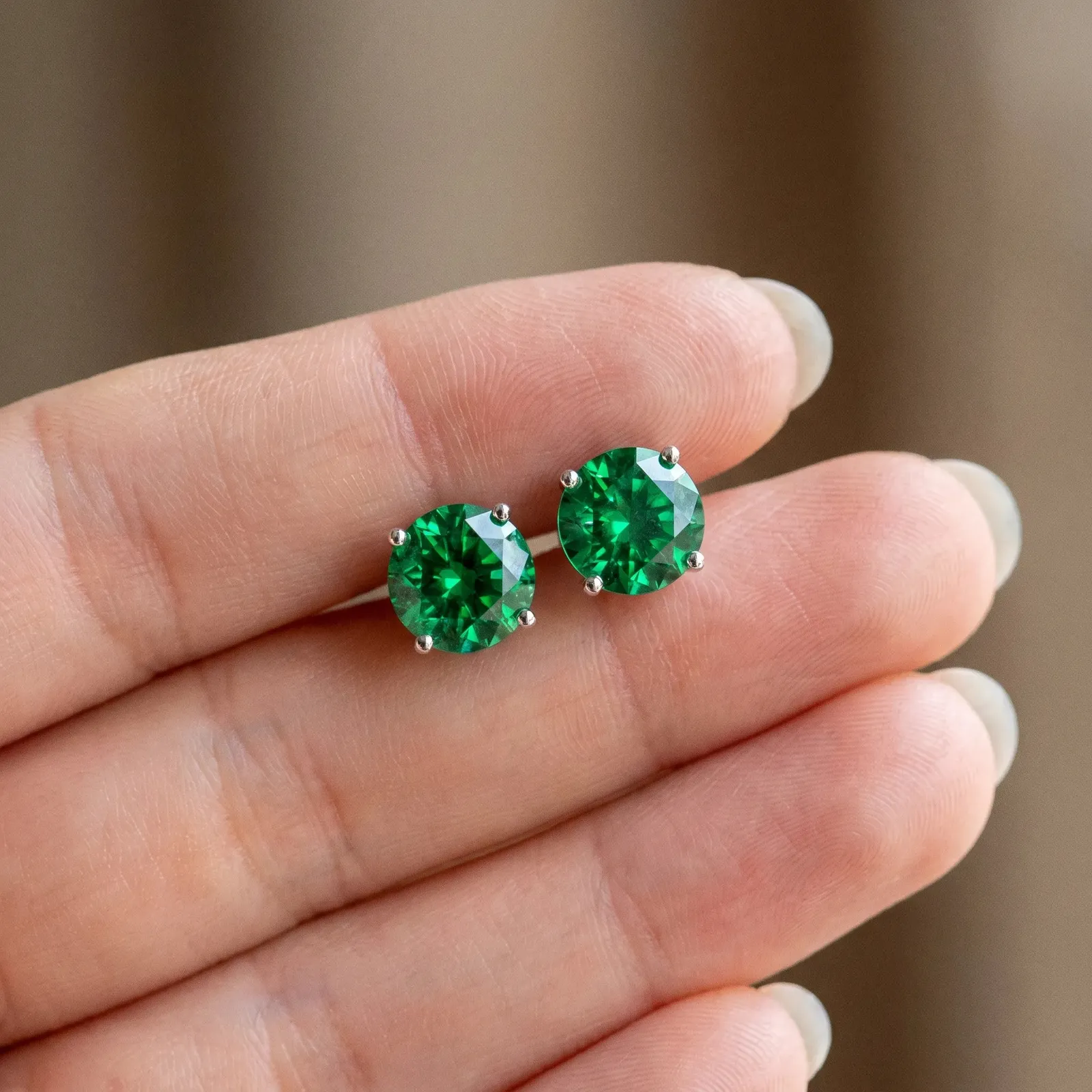 Round Cut Emerald Stud Earrings Silver