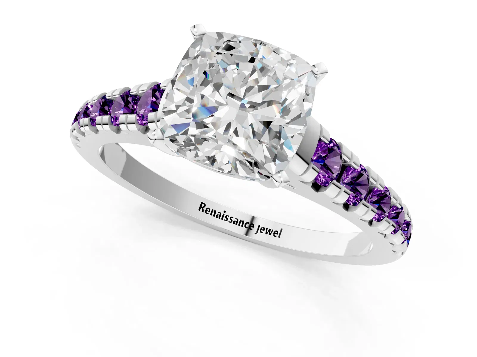 Cushion Cut Diamond Cathedral Solitaire Ring with Round Amethyst Pavé Band Platinum