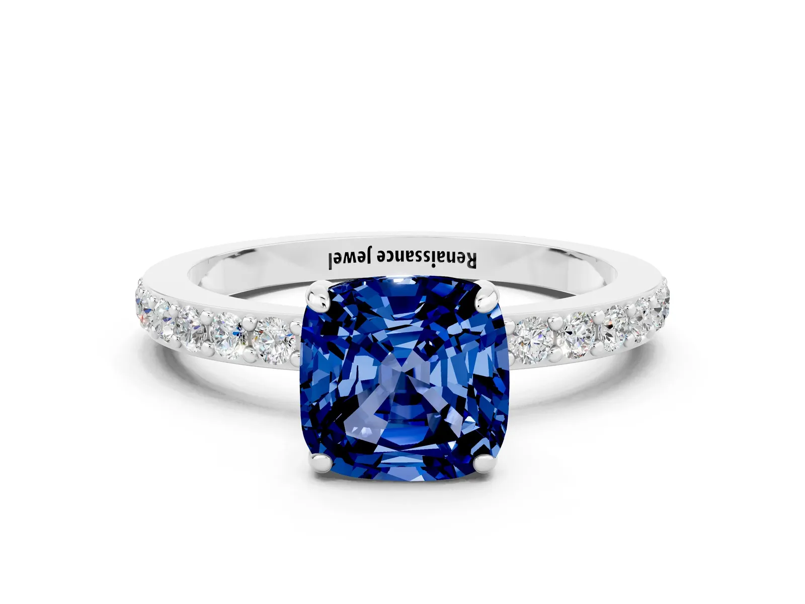 Cushion Cut Blue Sapphire Solitaire Engagement Ring with Pavé Band and Four-Prong Setting Platinum