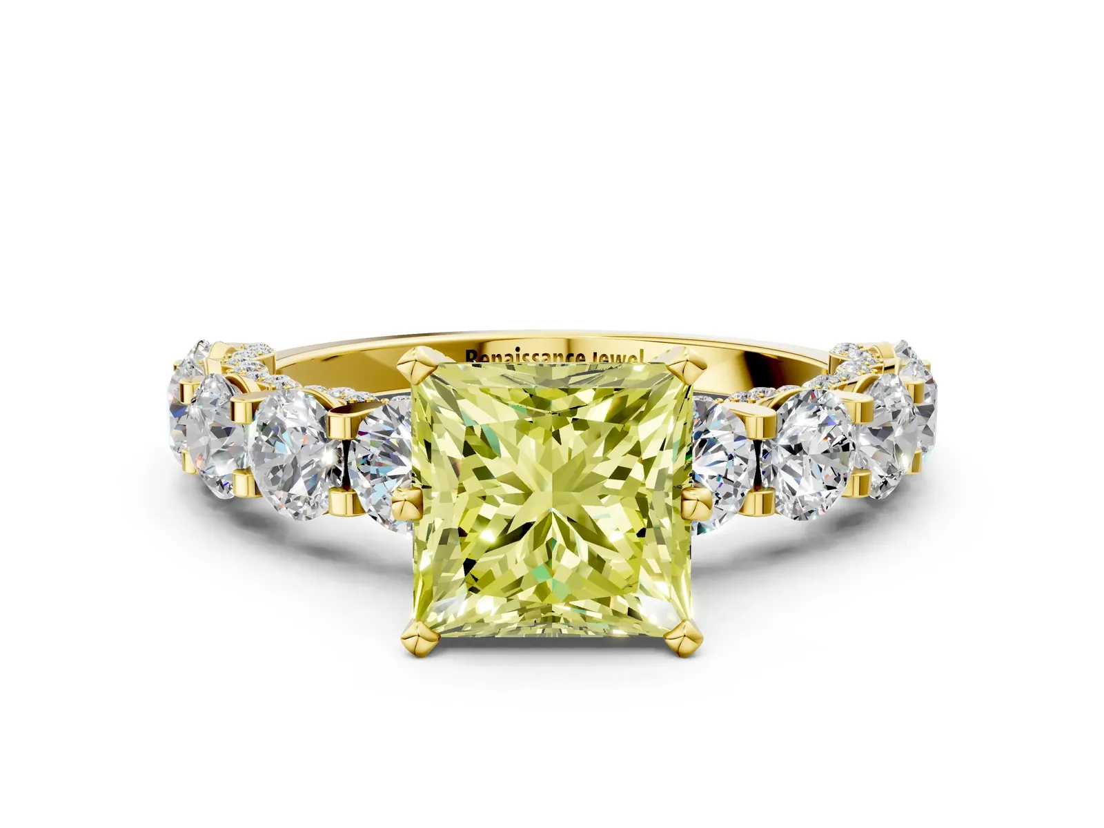 Fancy Yellow Princess Cut Diamond Side Stone Engagement Ring with Four-Prong Setting Yellow gold