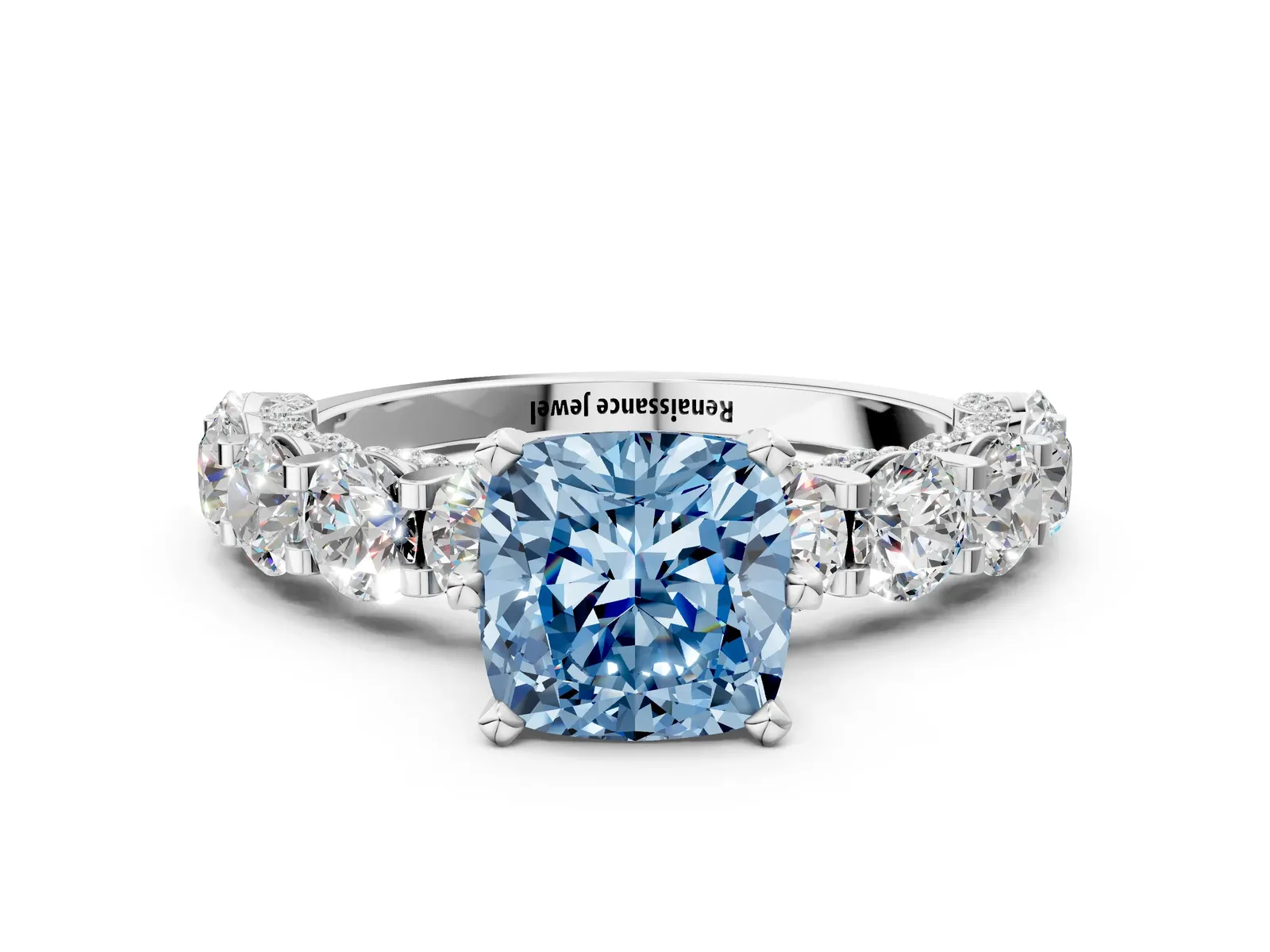Fancy Blue Cushion Cut Diamond Side Stone Engagement Ring with Four-Prong Setting White gold