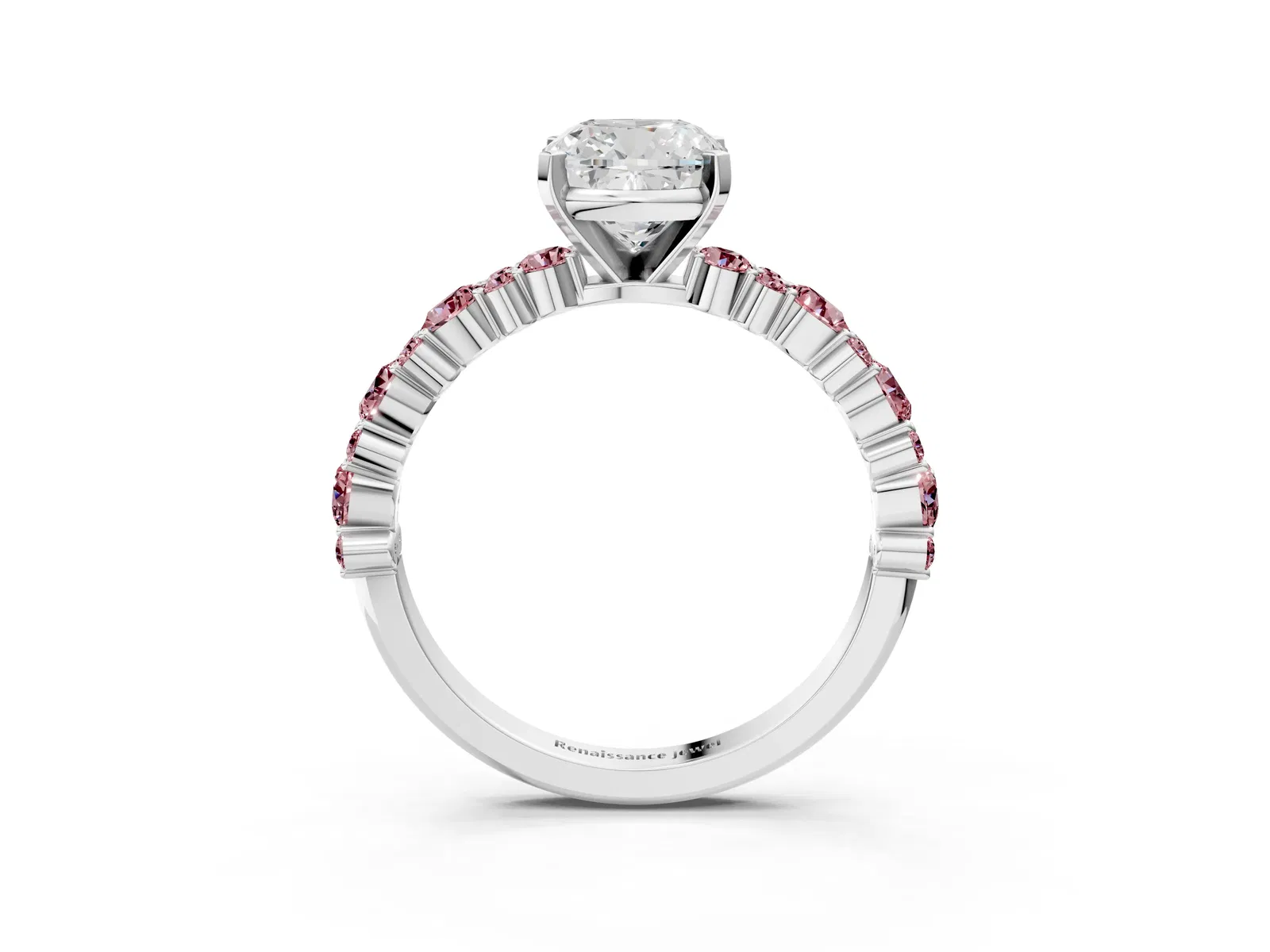 Cushion Cut Diamond Side Stone Solitaire Ring with Round Morganite and Four-Prong Setting Platinum