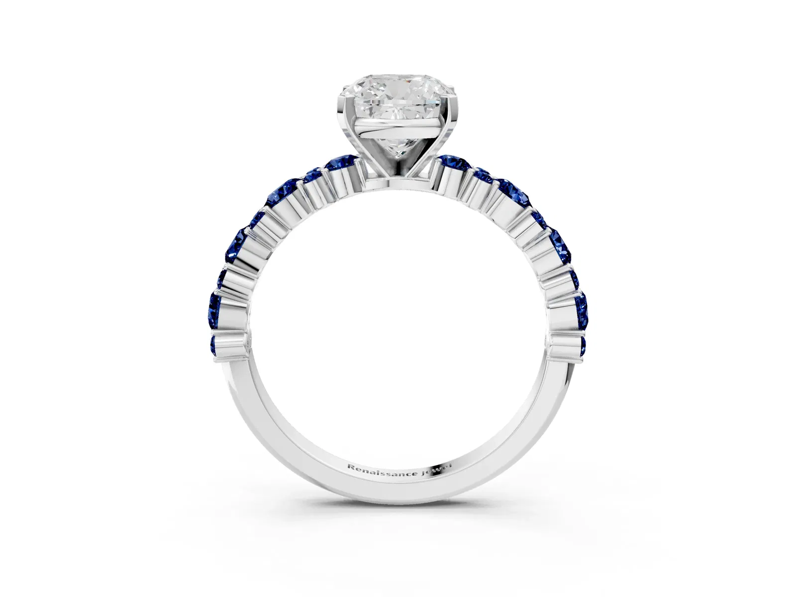 Cushion Cut Diamond Side Stone Solitaire Ring with Round Blue Sapphire and Four-Prong Setting Platinum