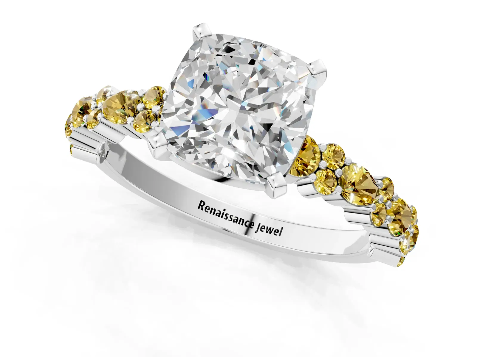 Cushion Cut Diamond Side Stone Solitaire Ring with Round Yellow Sapphire and Four-Prong Setting Platinum