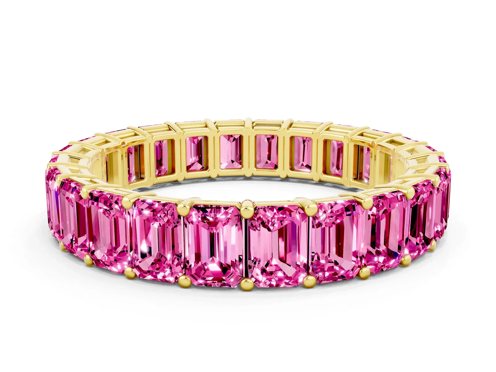 Emerald Cut Pink Sapphire Eternity Band with Shared Prong Setting Yellow gold