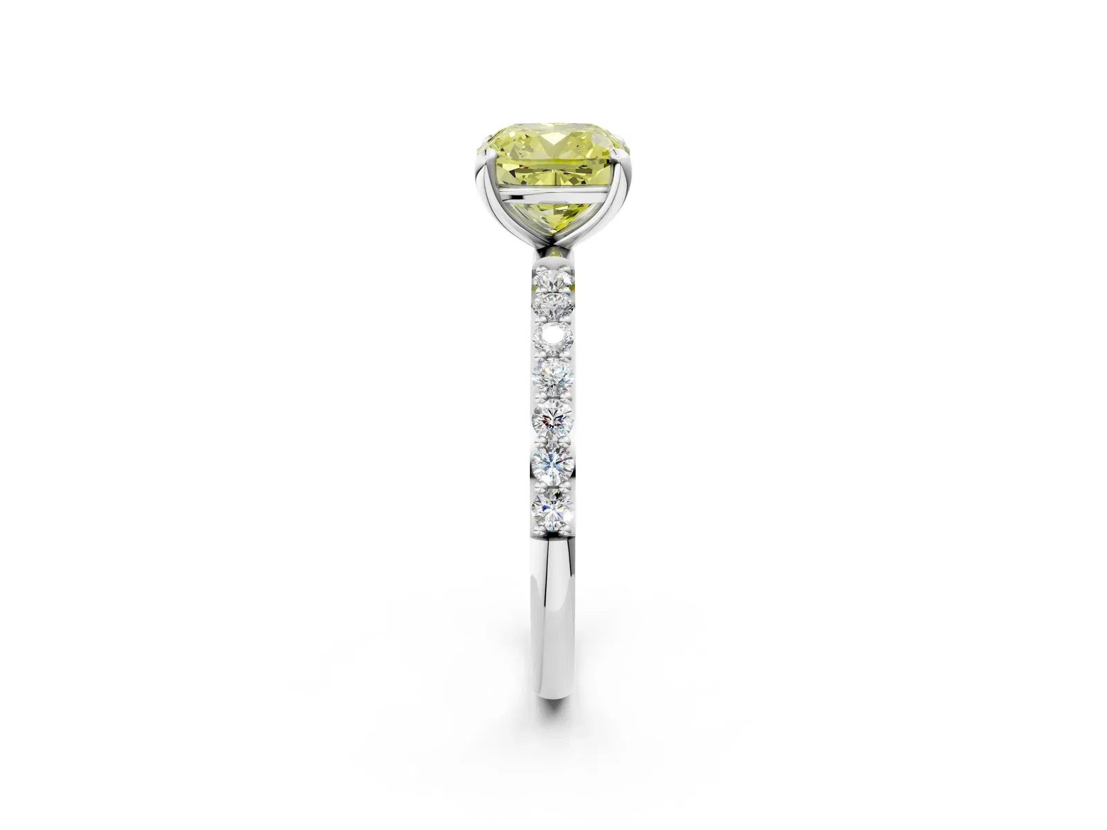 Fancy Yellow Cushion Cut Diamond Solitaire Ring with Round Pavé Band and Prong Setting Platinum