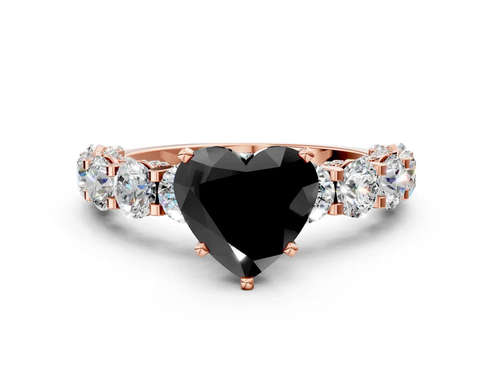 Fancy Black Heart Cut Diamond Side Stone Engagement Ring with Four-Prong Setting Rose gold
