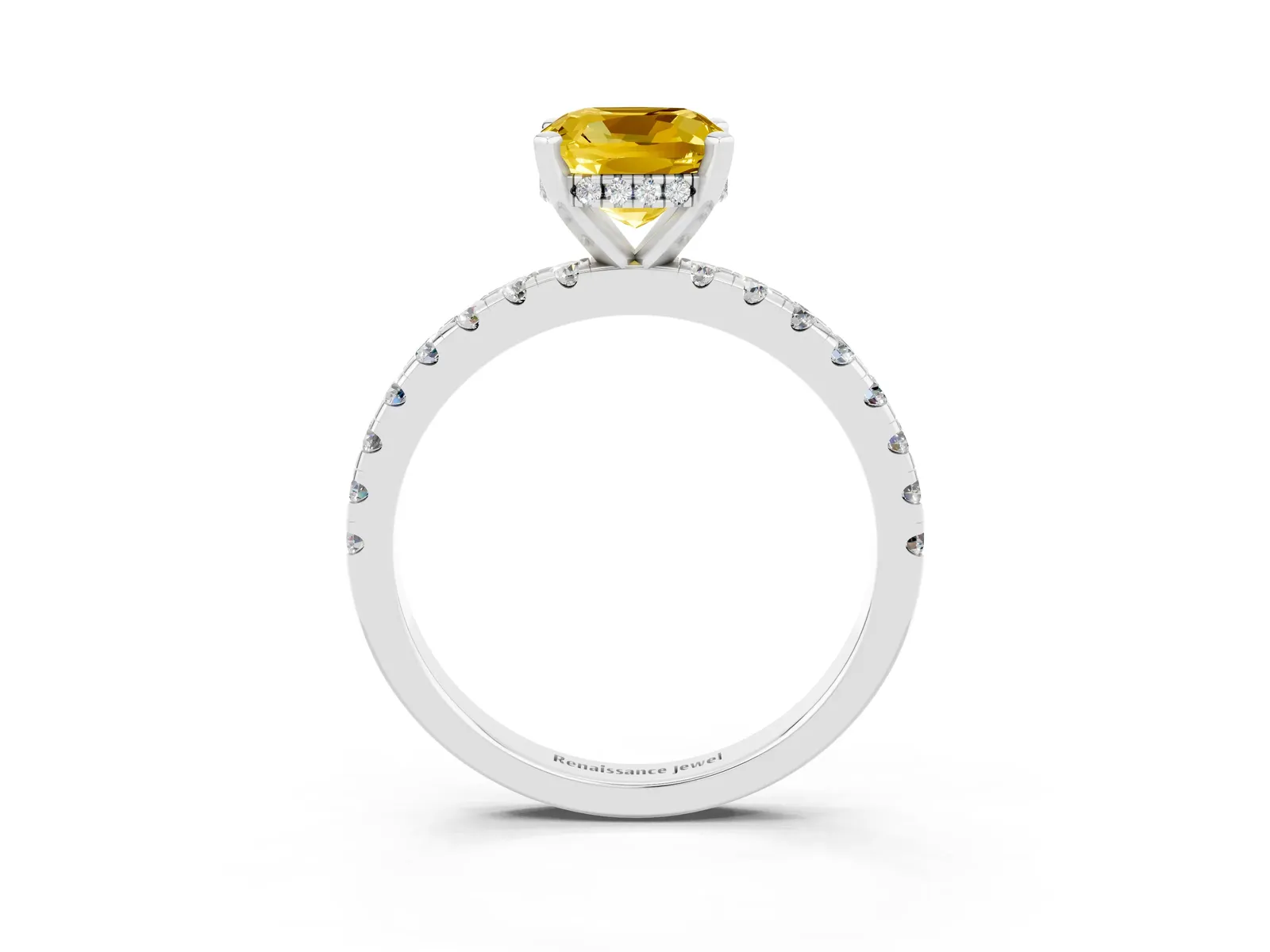 Cushion Cut Yellow Sapphire Solitaire Ring with Round Pavé Band and Four-Prong Setting Platinum