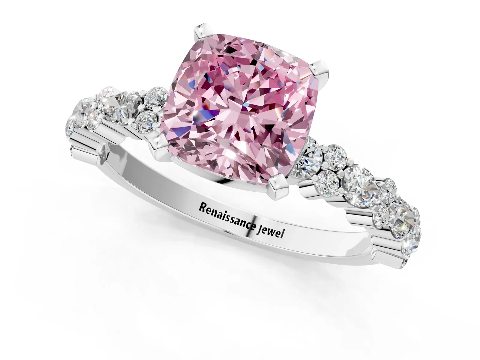 Fancy Pink Cushion Cut Diamond Side Stone Solitaire Ring with Round and Four-Prong Setting Platinum