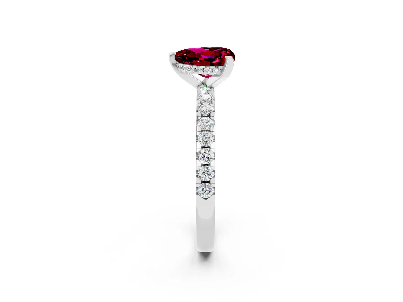 Heart Cut Garnet Solitaire Ring with Round Pavé Band and Four-Prong Setting Platinum
