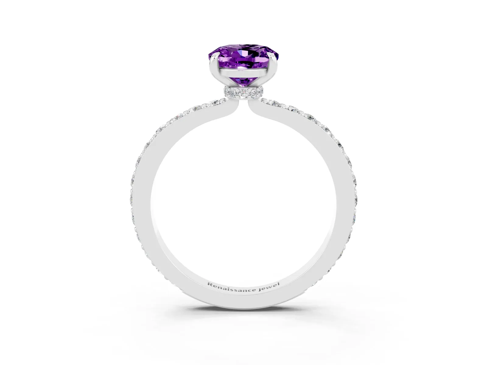 Oval Cut Amethyst Solitaire Engagement Ring with Pavé Band and Four-Prong Setting Platinum