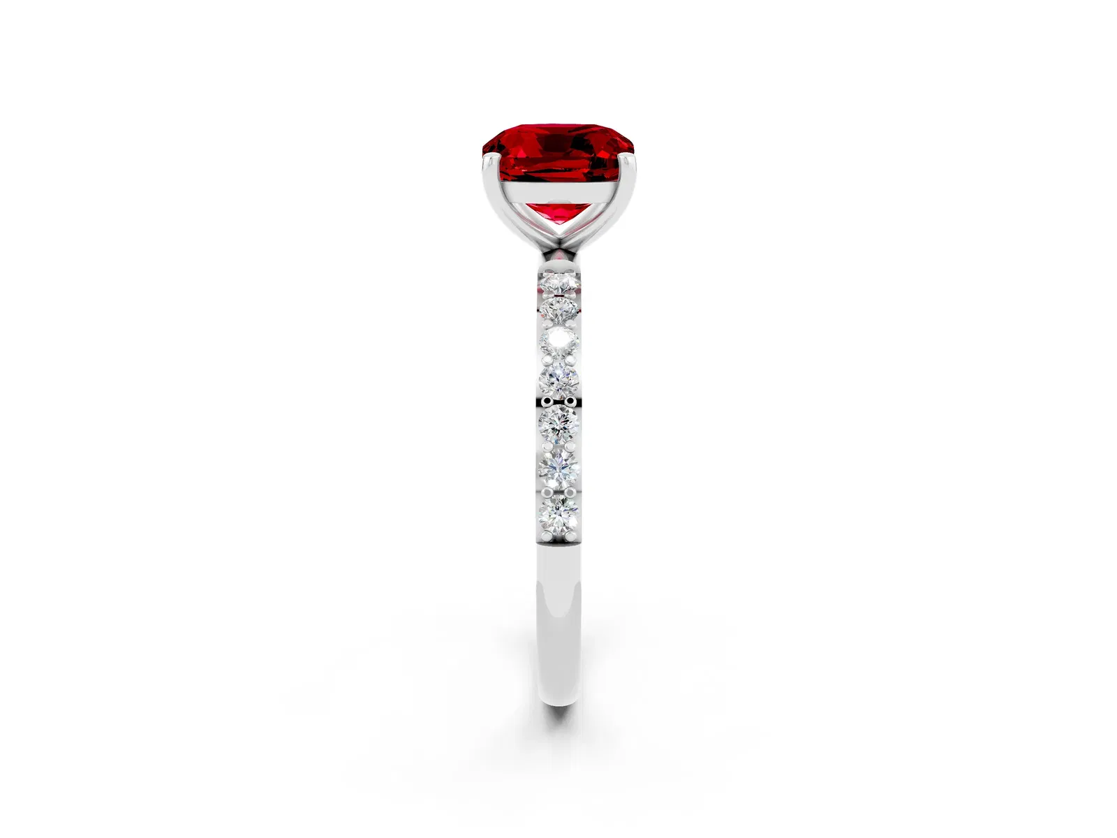 Cushion Cut Ruby Solitaire Ring with Round Pavé Band and Prong Setting Platinum