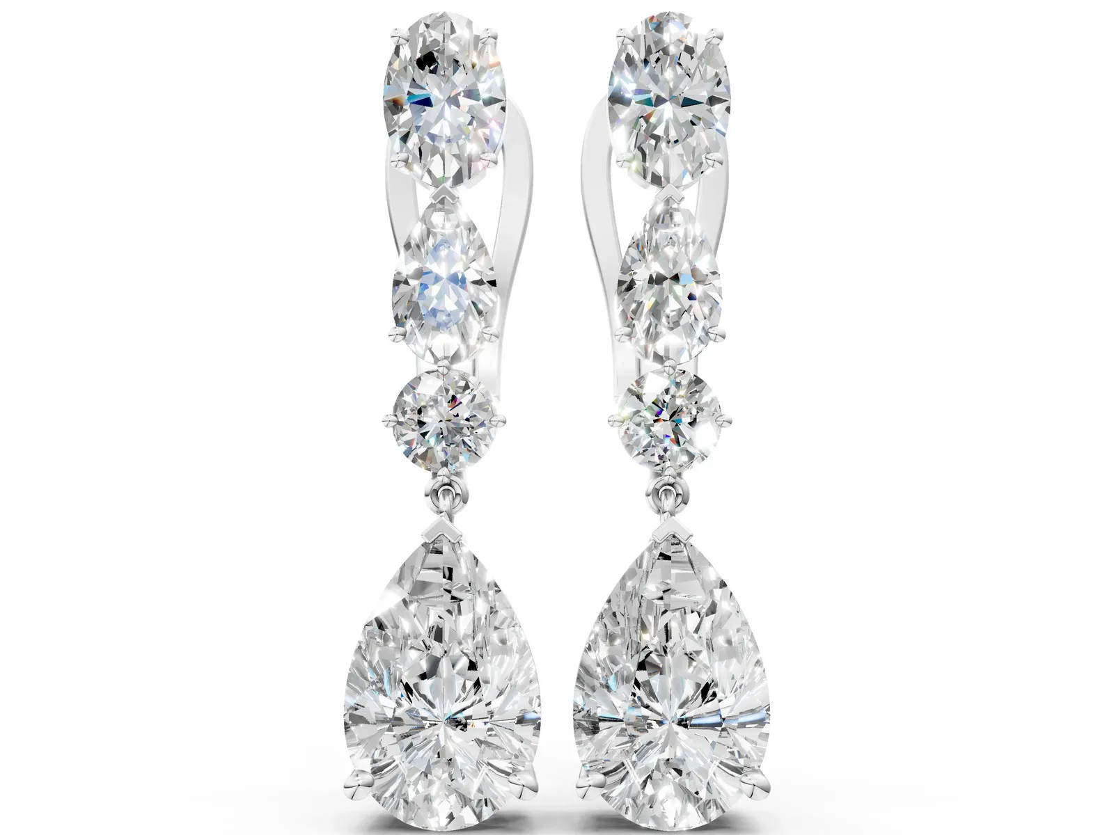 Oval, Pear and Round Diamond Huggie Drop Earrings Platinum