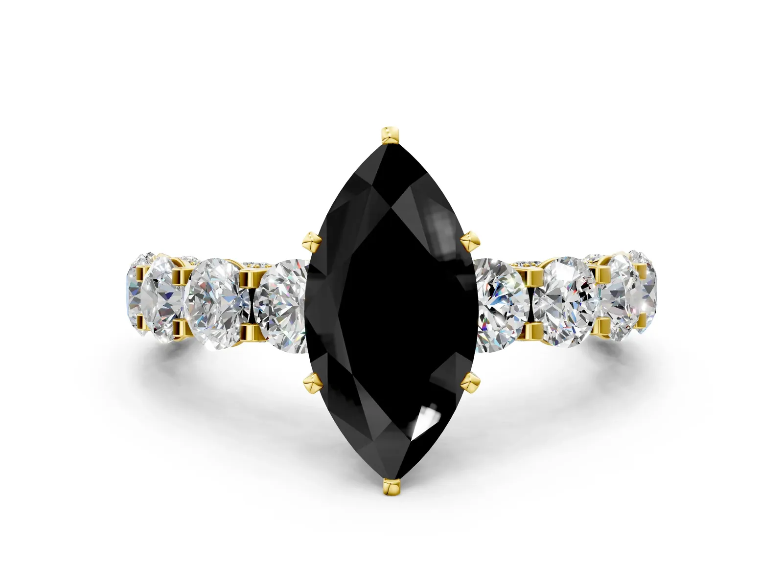 Fancy Black Marquise Cut Diamond Side Stone Engagement Ring with Four-Prong Setting Yellow gold