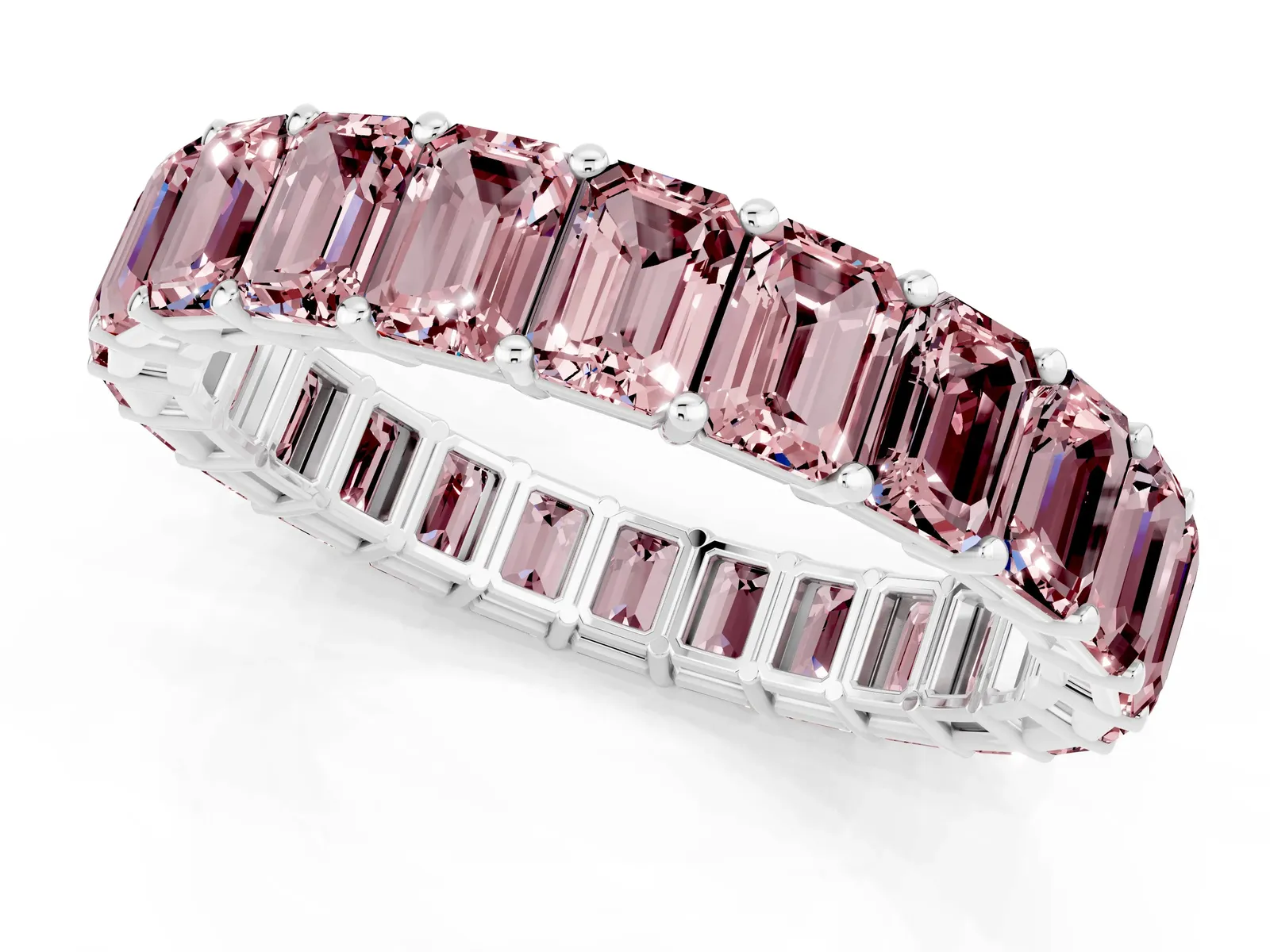 Emerald Cut Morganite Eternity Band with Shared Prong Setting Platinum
